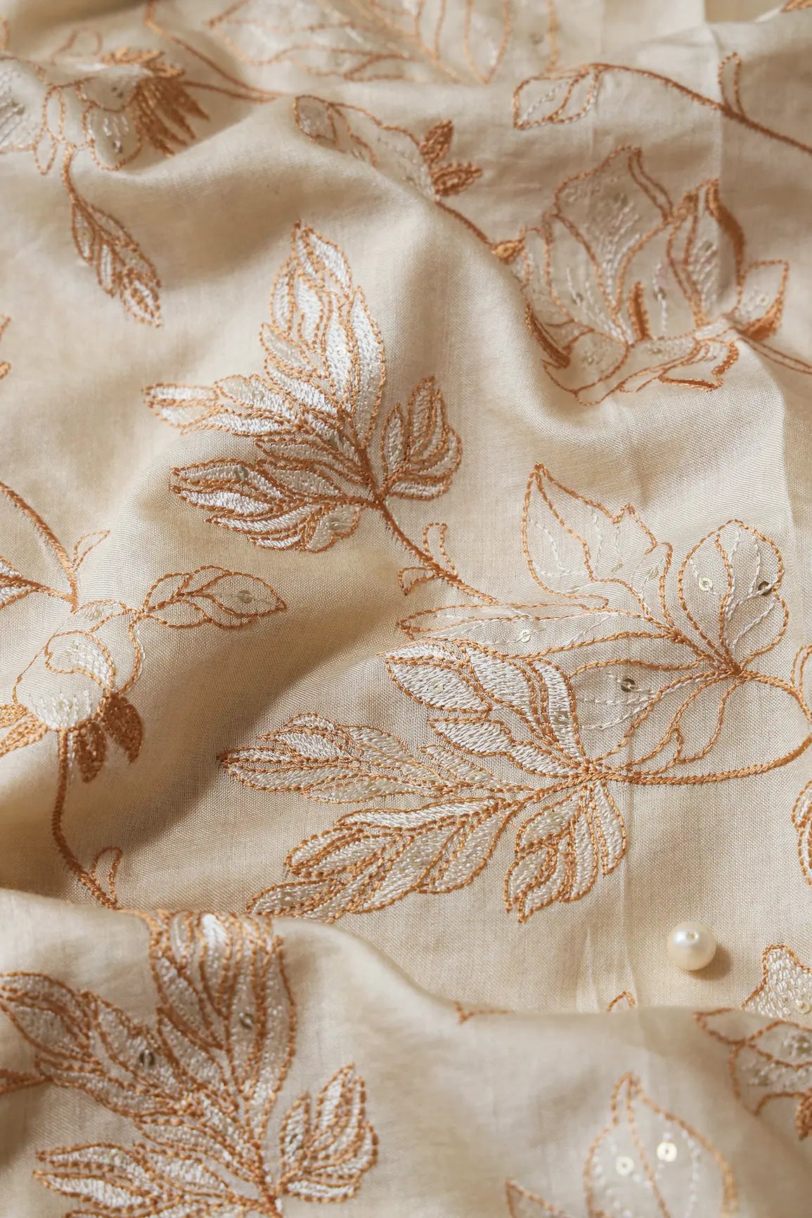 Beige Thread With Gold Sequins Leafy Embroidery On Cream Pure Bamboo Silk Fabric