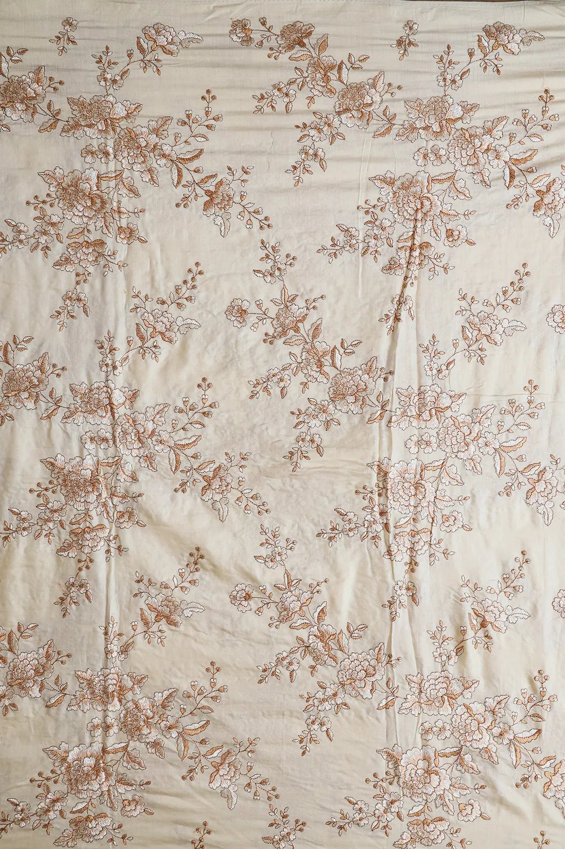 Beige Color Thread With Gold Sequins Floral Embroidery On Cream Pure Bamboo Silk Fabric