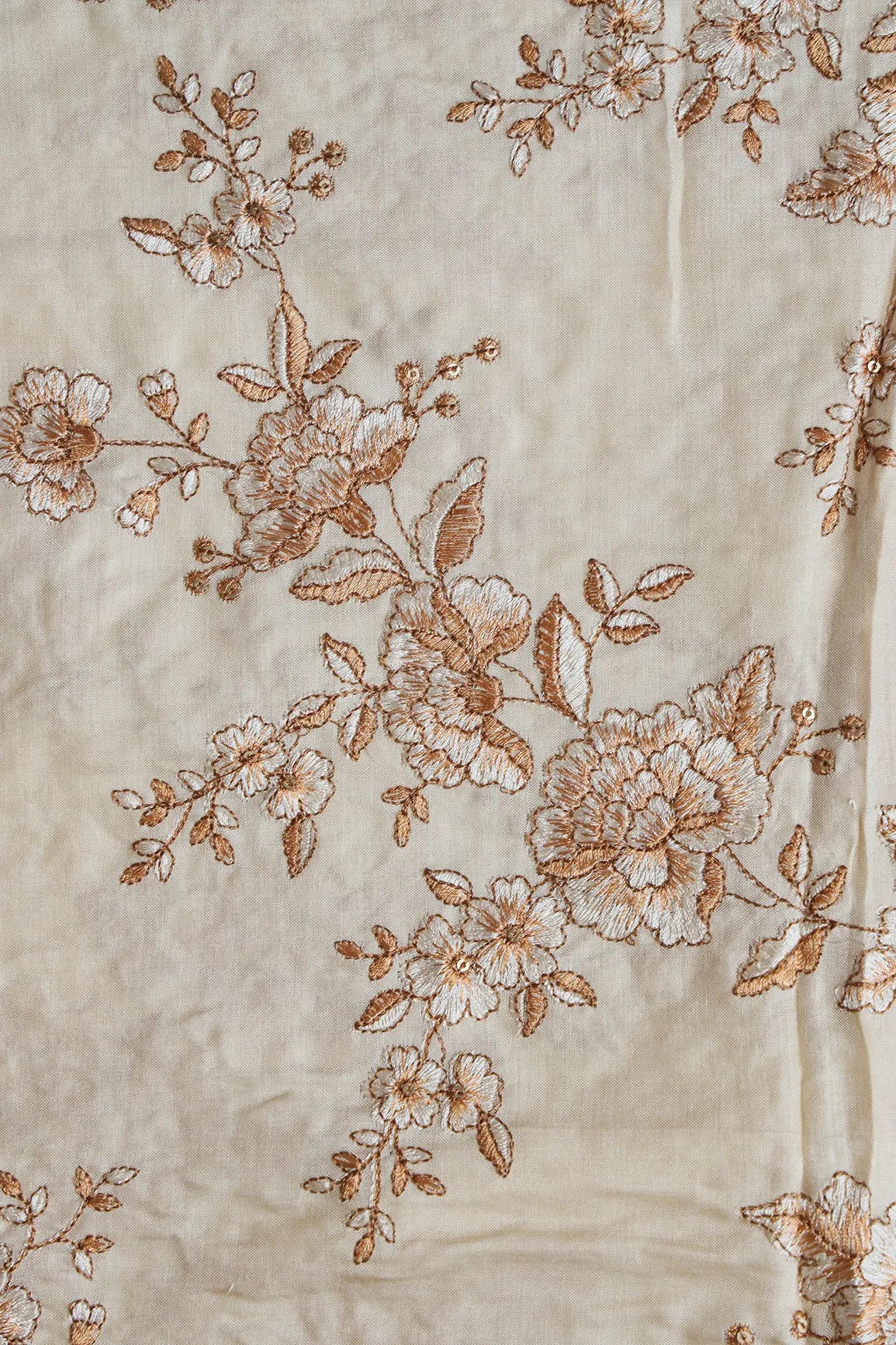 Beige Color Thread With Gold Sequins Floral Embroidery On Cream Pure Bamboo Silk Fabric