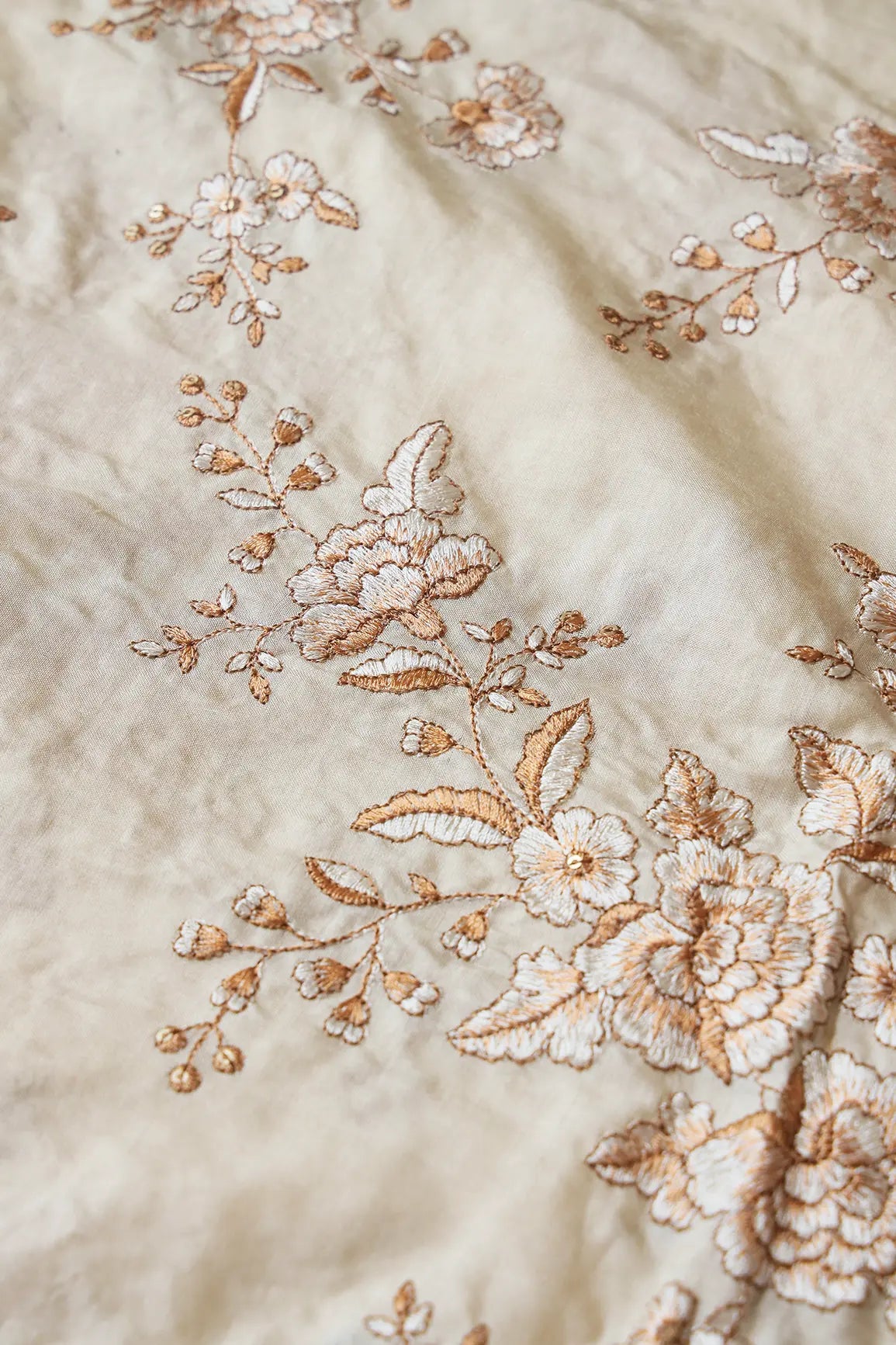 Beige Color Thread With Gold Sequins Floral Embroidery On Cream Pure Bamboo Silk Fabric