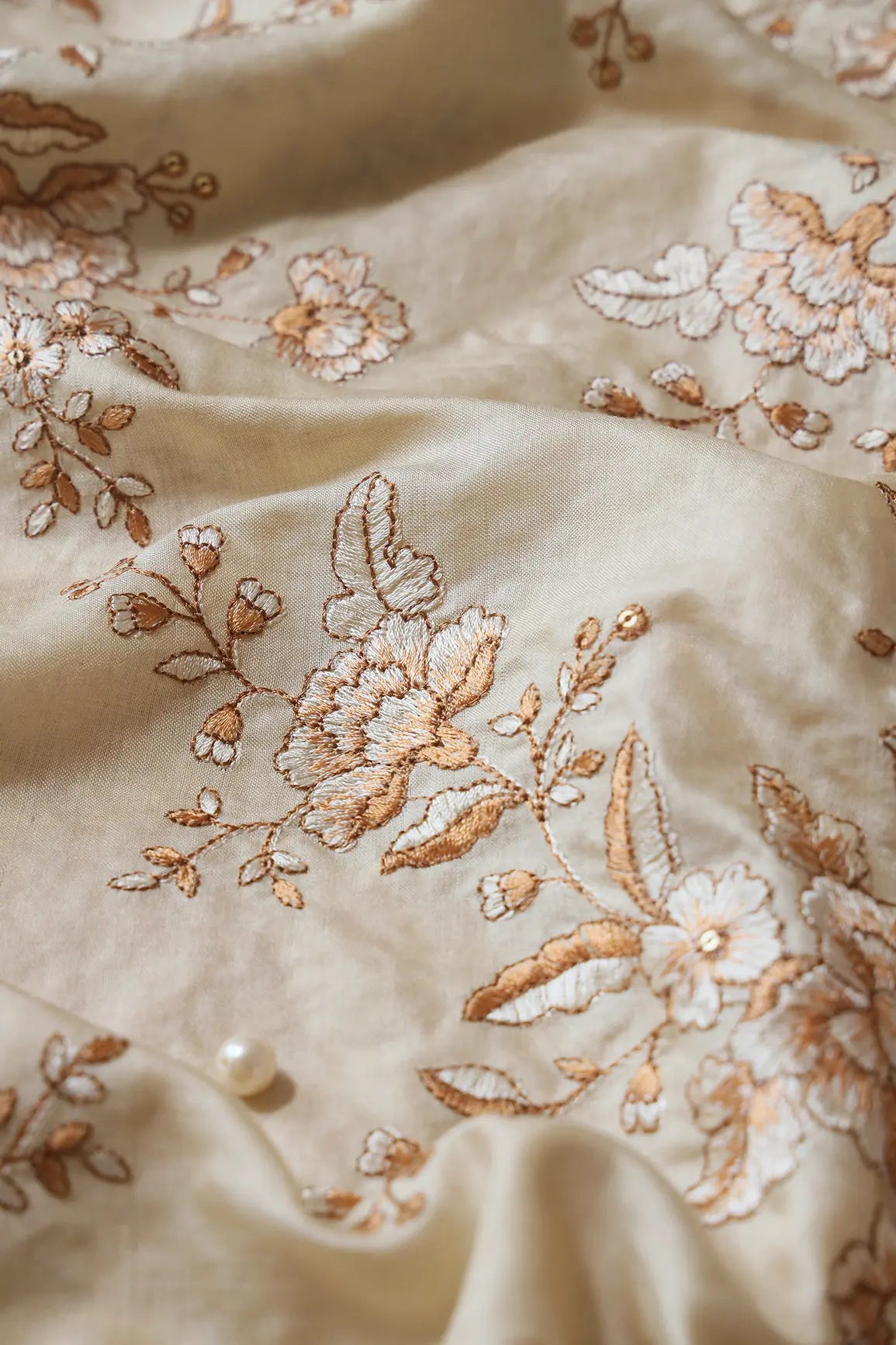 Beige Color Thread With Gold Sequins Floral Embroidery On Cream Pure Bamboo Silk Fabric