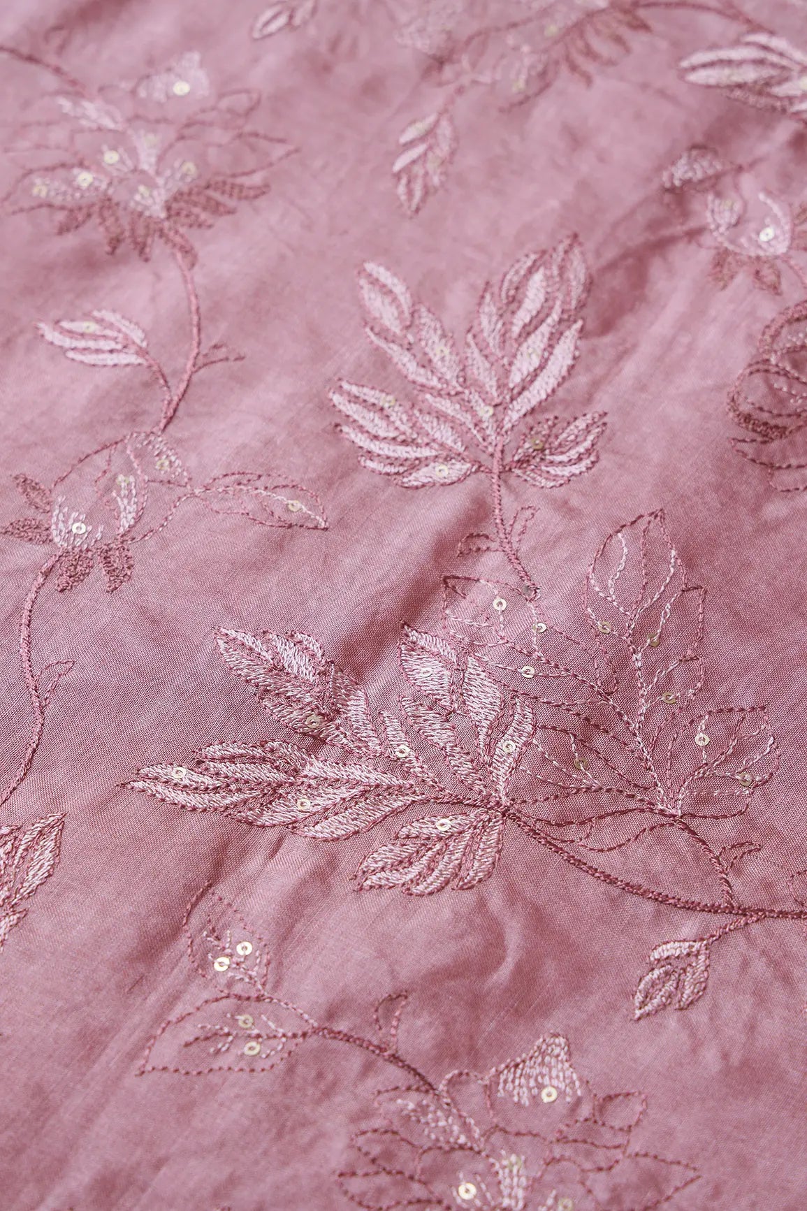 Mauve Thread With Gold Sequins Leafy Embroidery On Mauve Pure Bamboo Silk Fabric