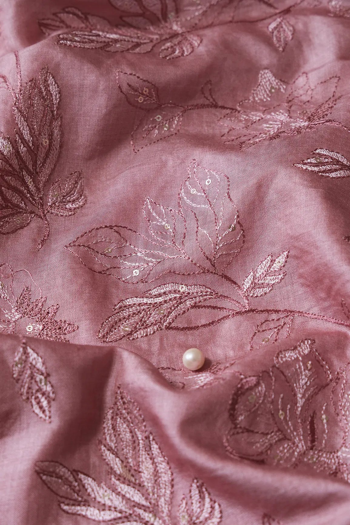 Mauve Thread With Gold Sequins Leafy Embroidery On Mauve Pure Bamboo Silk Fabric