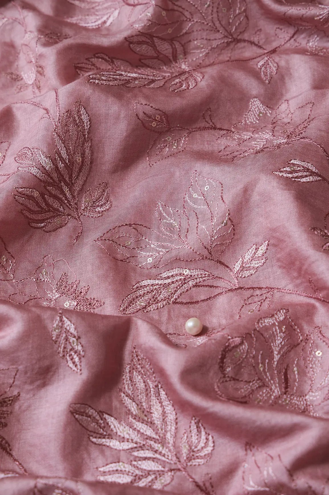 Mauve Thread With Gold Sequins Leafy Embroidery On Mauve Pure Bamboo Silk Fabric