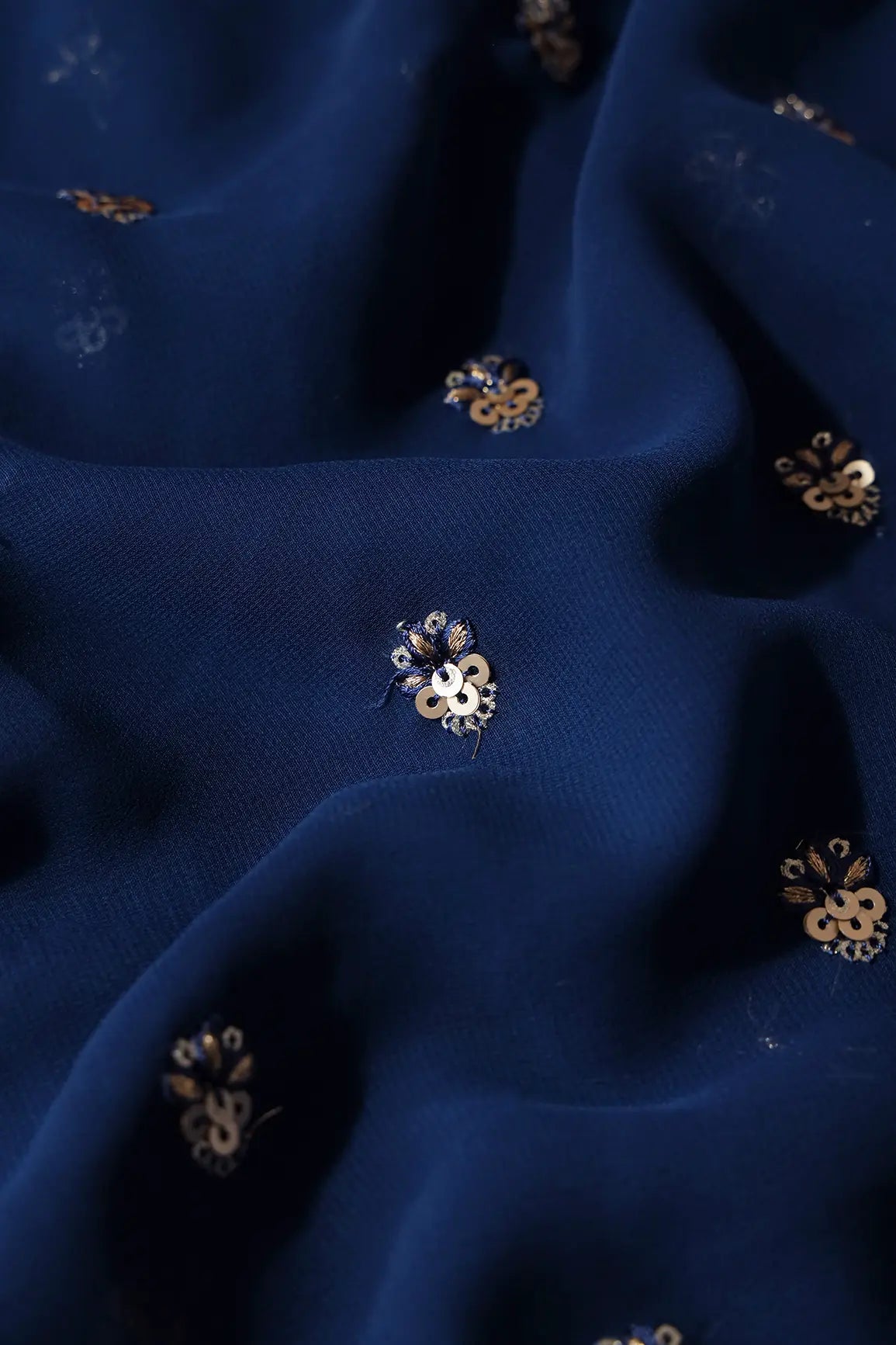 Gold Sequins With Zari Small Floral Booti Embroidery On Prussian Blue Georgette Fabric