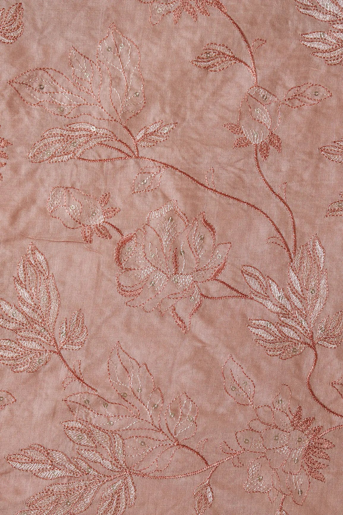 Peach Thread With Gold Sequins Leafy Embroidery On Peach Pure Bamboo Silk Fabric