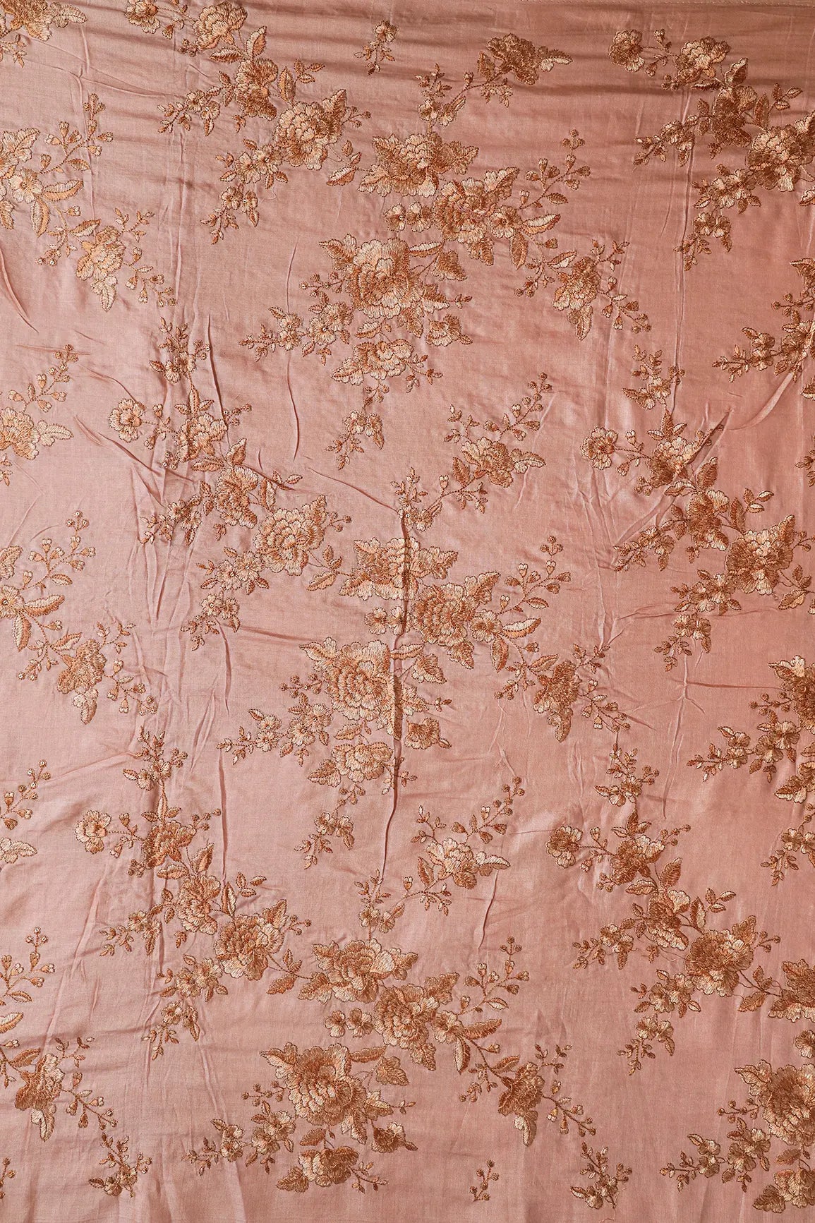 Peach Color Thread With Gold Sequins Floral Embroidery On Peach Pure Bamboo Silk Fabric