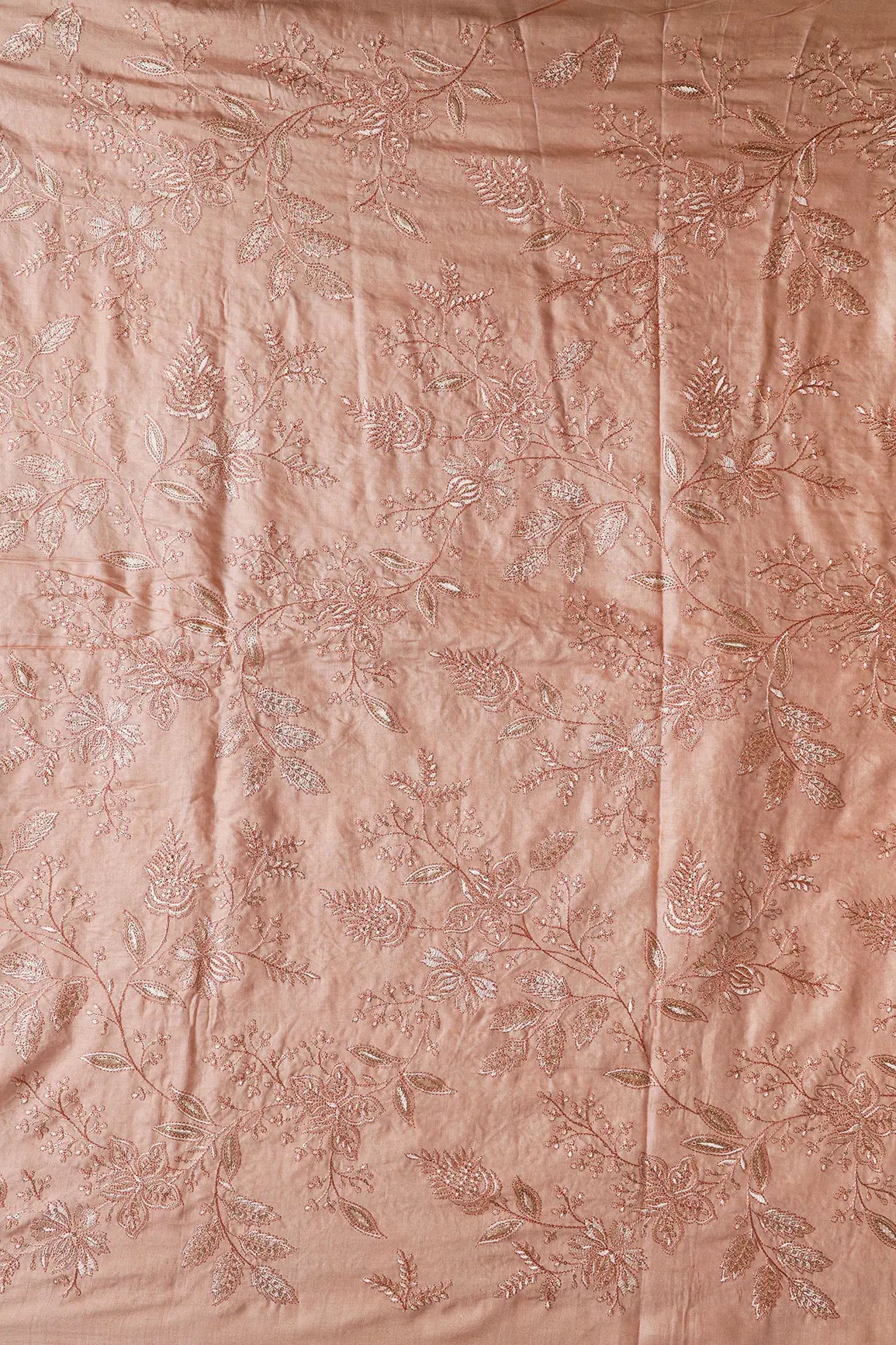 Peach Thread With Gold Sequins Floral Embroidery On Peach Pure Bamboo Silk Fabric