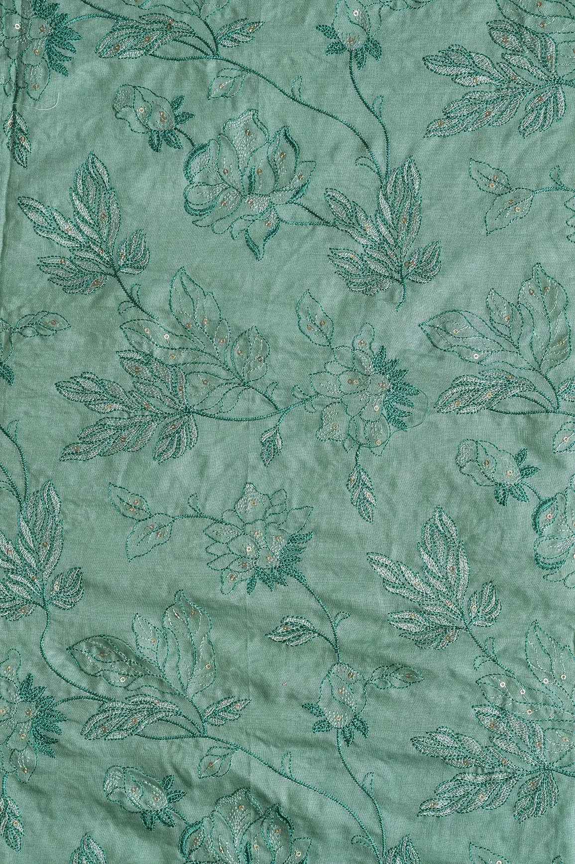 Teal Thread With Gold Sequins Leafy Embroidery On Olive Pure Bamboo Silk Fabric