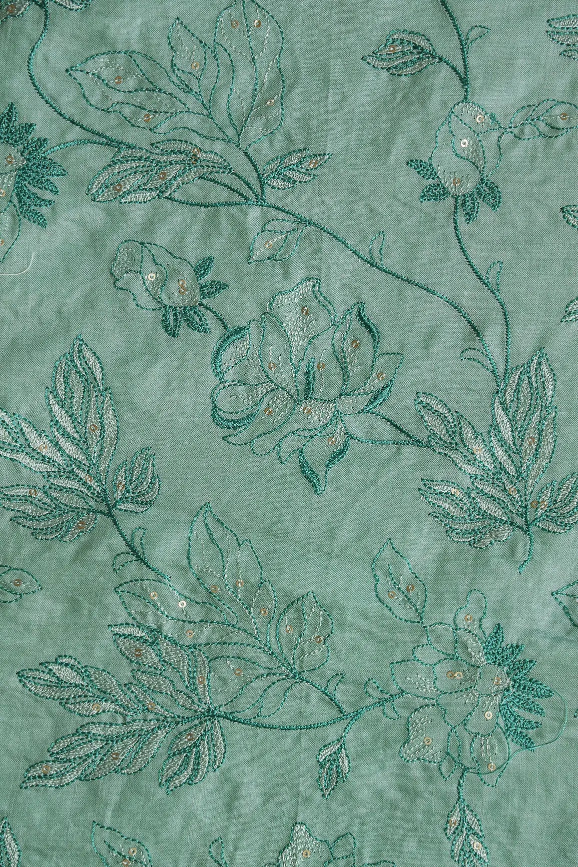 Teal Thread With Gold Sequins Leafy Embroidery On Olive Pure Bamboo Silk Fabric