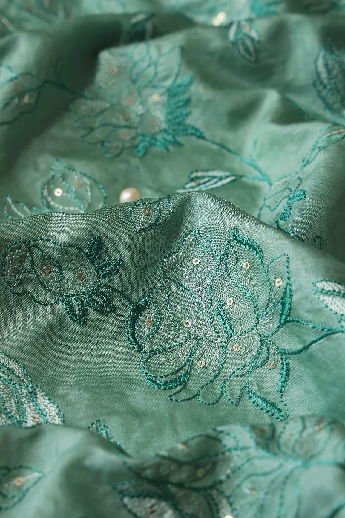 Teal Thread With Gold Sequins Leafy Embroidery On Olive Pure Bamboo Silk Fabric