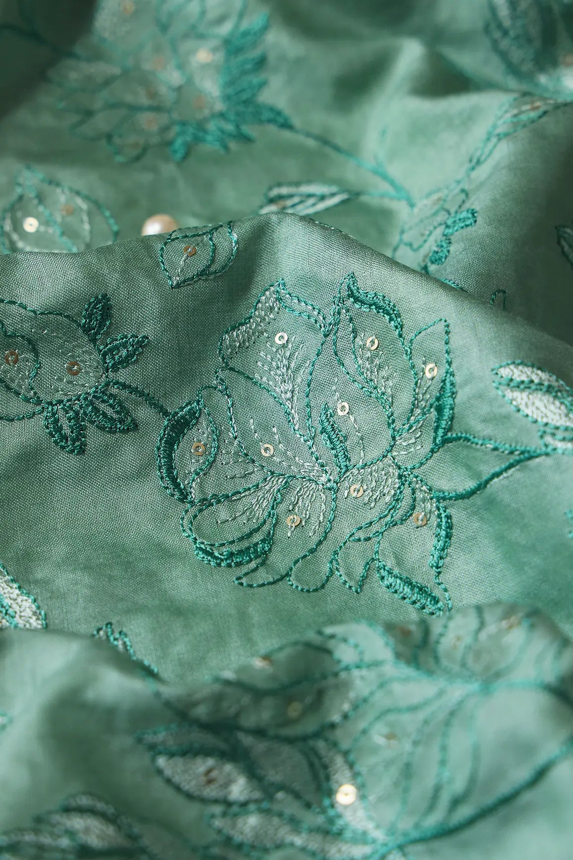 Teal Thread With Gold Sequins Leafy Embroidery On Olive Pure Bamboo Silk Fabric