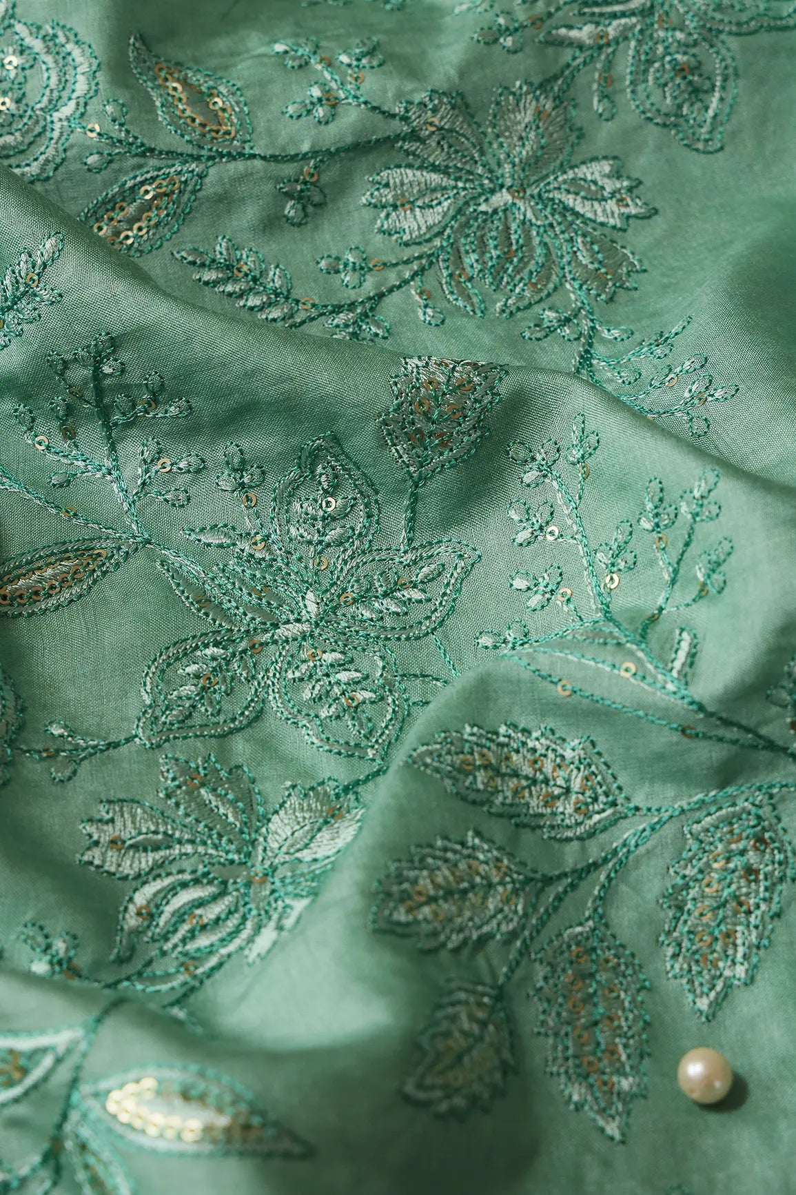 Teal Thread With Gold Sequins Leafy Embroidery On Olive Pure Bamboo Silk Fabric