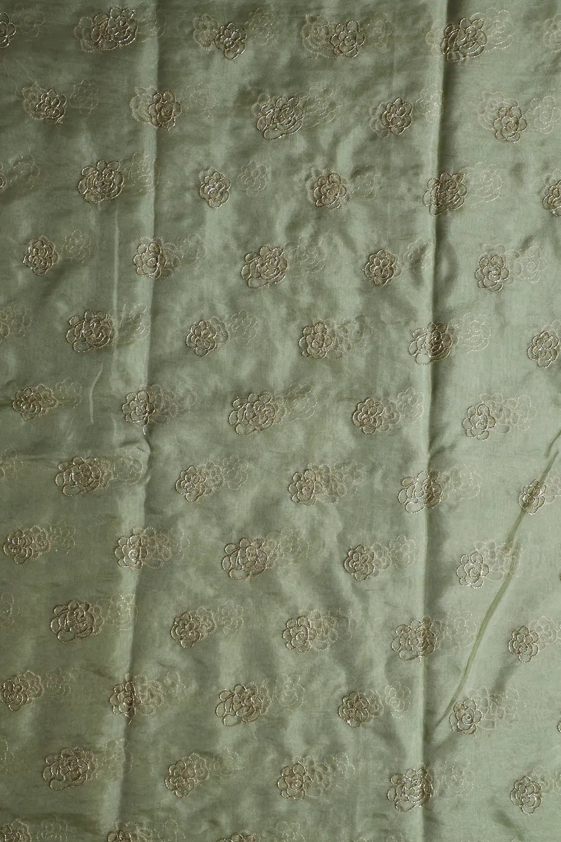 Cut Dana Beads Beautiful Floral Embroidery On Olive Organza Fabric