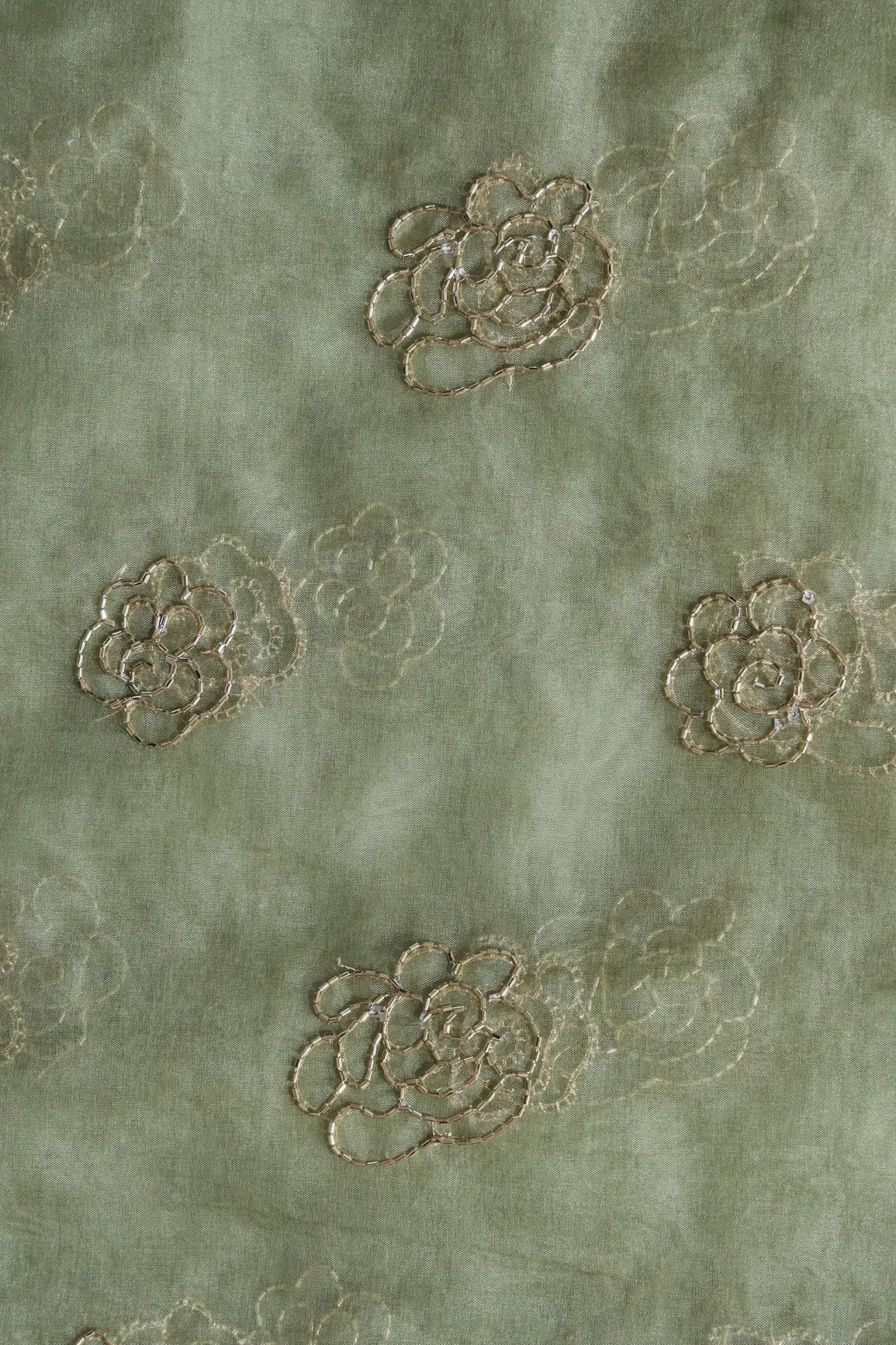 Cut Dana Beads Beautiful Floral Embroidery On Olive Organza Fabric