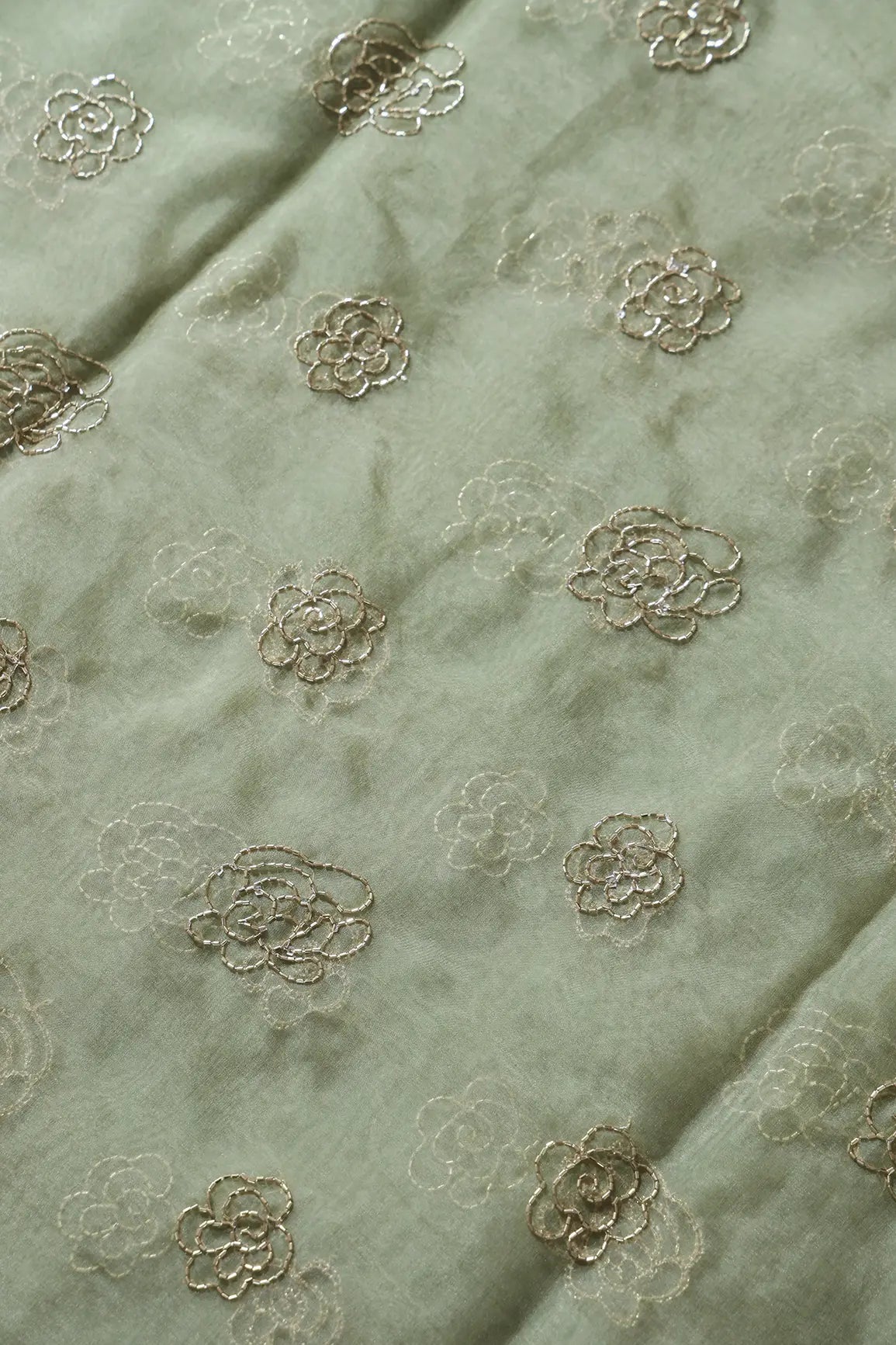 Cut Dana Beads Beautiful Floral Embroidery On Olive Organza Fabric