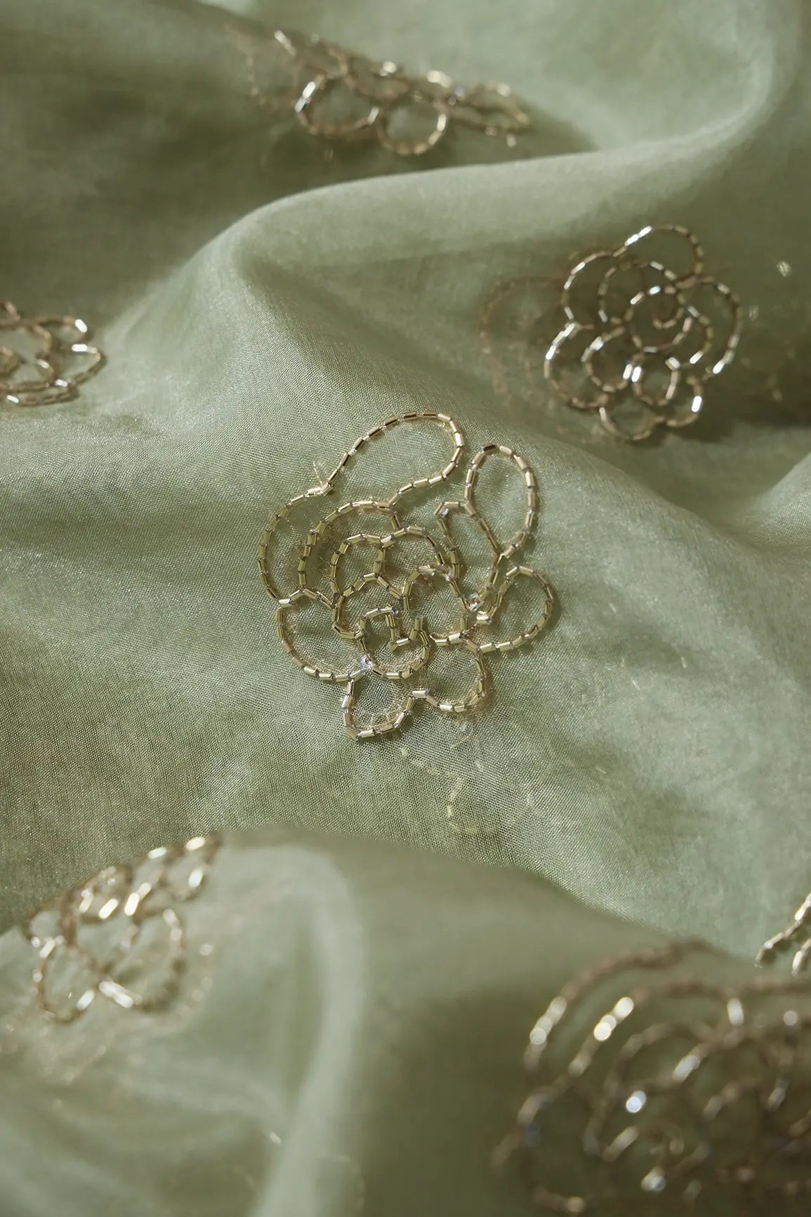 Cut Dana Beads Beautiful Floral Embroidery On Olive Organza Fabric