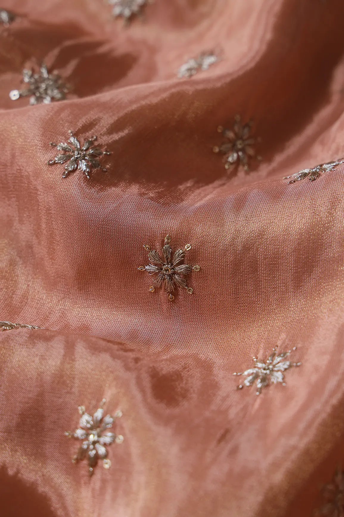 Gold Zari With Sequins Small Floral Booti Embroidery Work On Peach Pure Viscose Zari Tissue Fabric