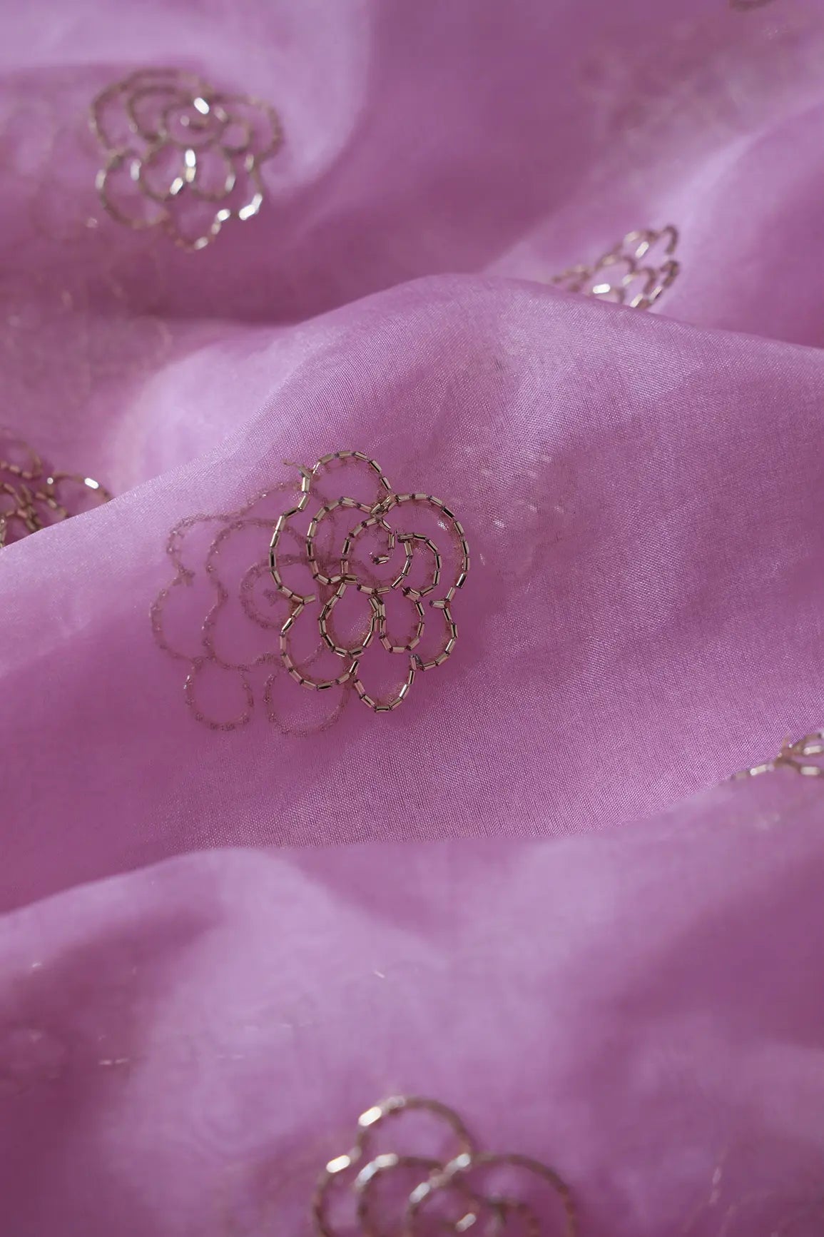 Cut Dana Beads Beautiful Floral Embroidery On Baby Pink Organza Fabric