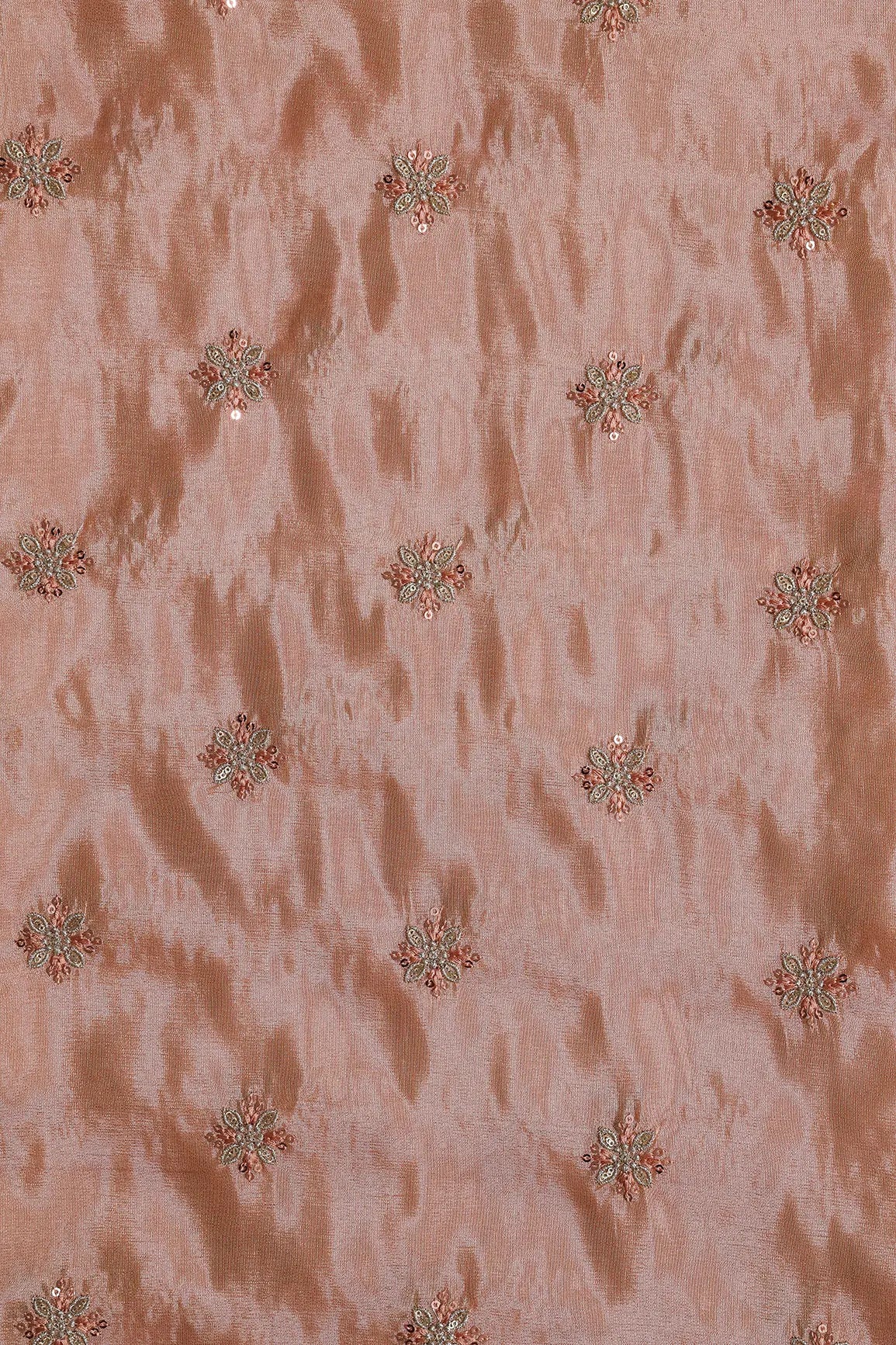 Gold Sequins And Zari Floral Booti Embroidery Work On Peach Pure Viscose Zari Tissue Fabric