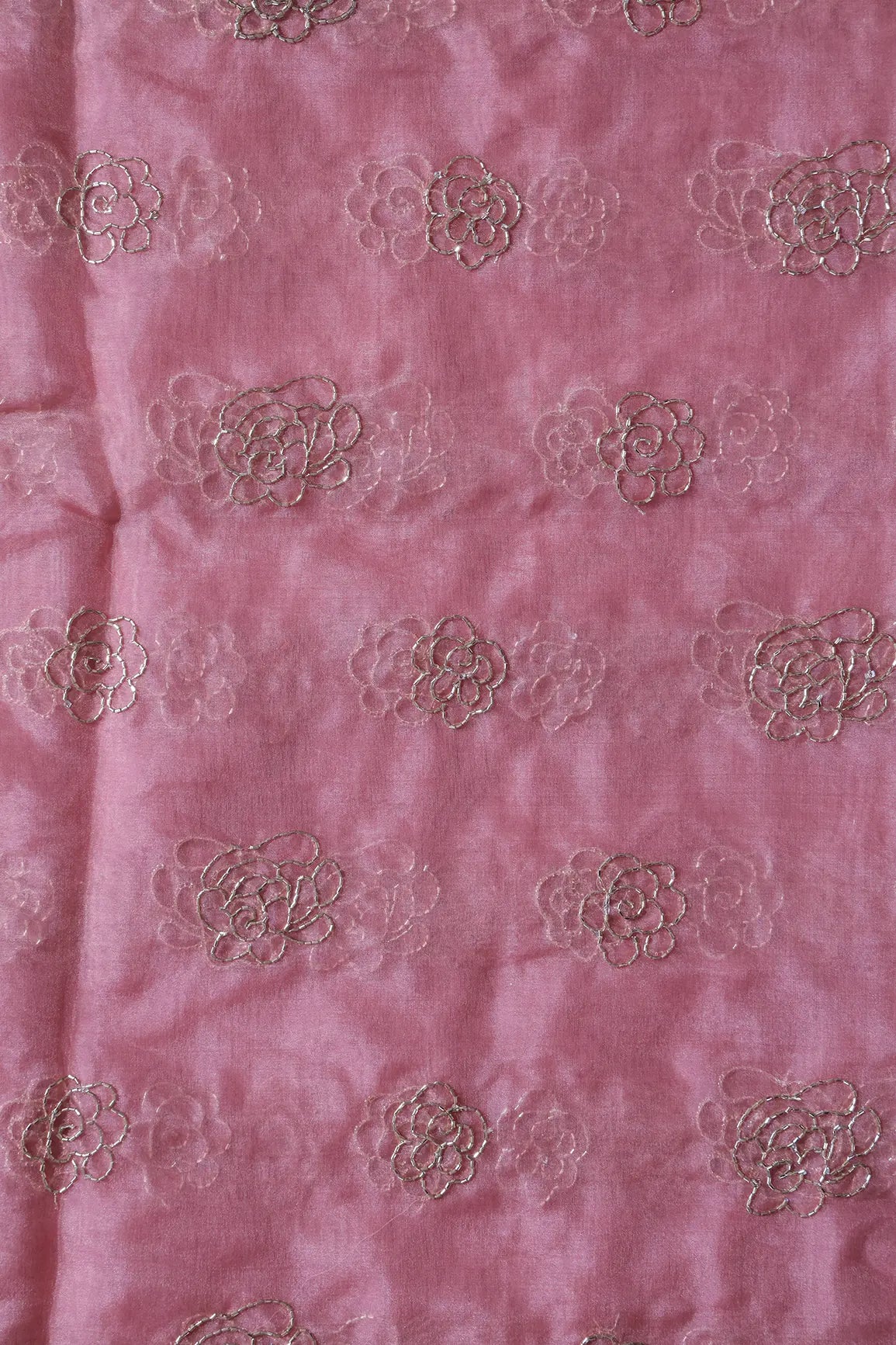 Cut Dana Beads Beautiful Floral Embroidery On Gajri Pink Organza Fabric