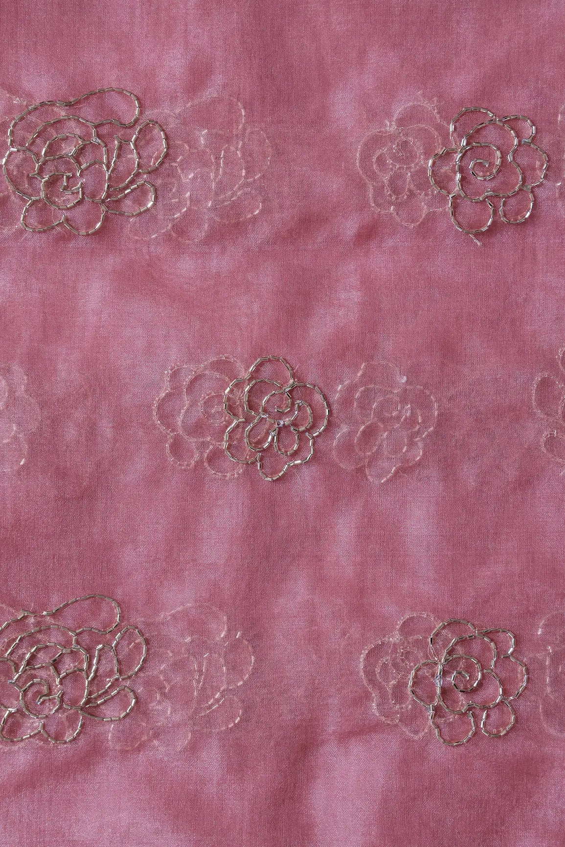 Cut Dana Beads Beautiful Floral Embroidery On Gajri Pink Organza Fabric