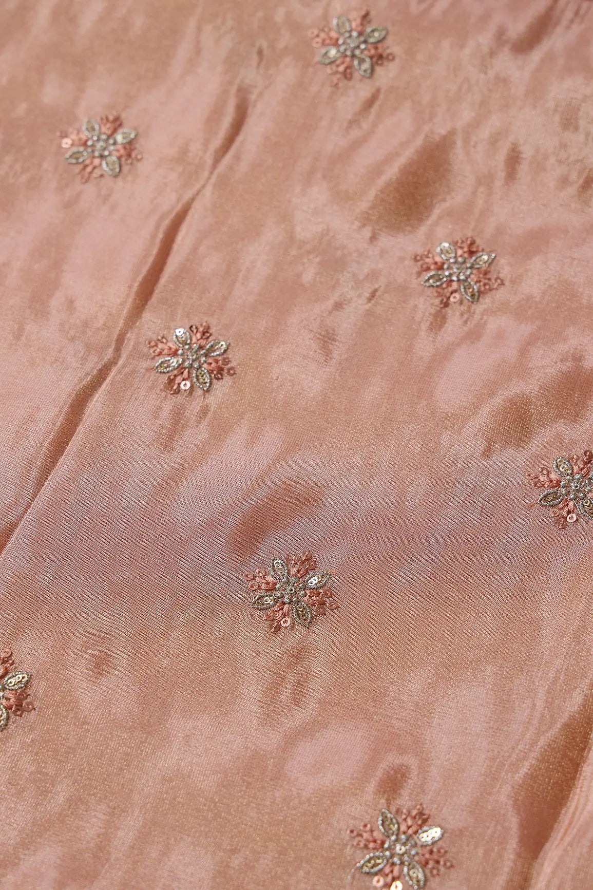 Gold Sequins And Zari Floral Booti Embroidery Work On Peach Pure Viscose Zari Tissue Fabric