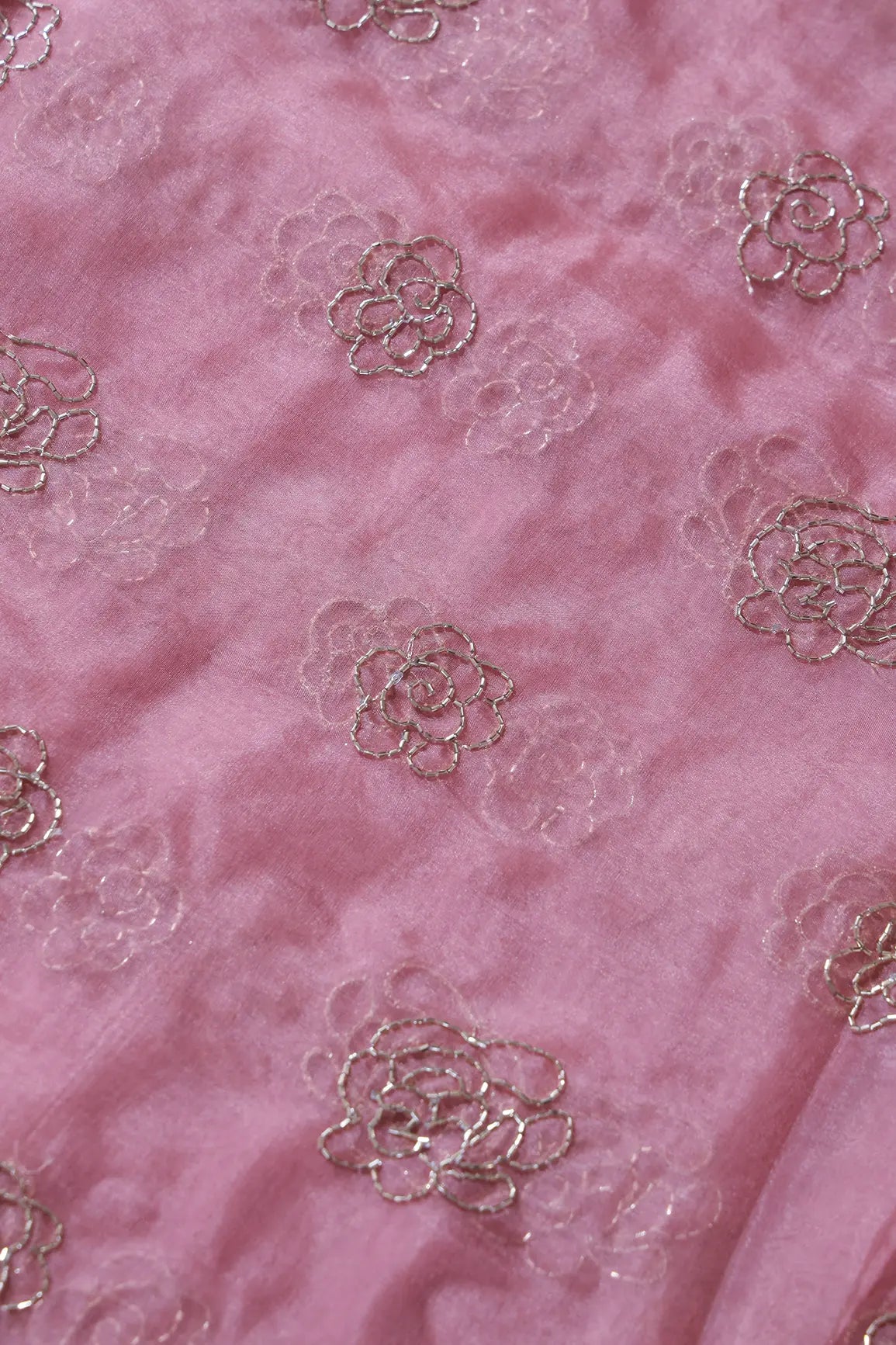 Cut Dana Beads Beautiful Floral Embroidery On Gajri Pink Organza Fabric