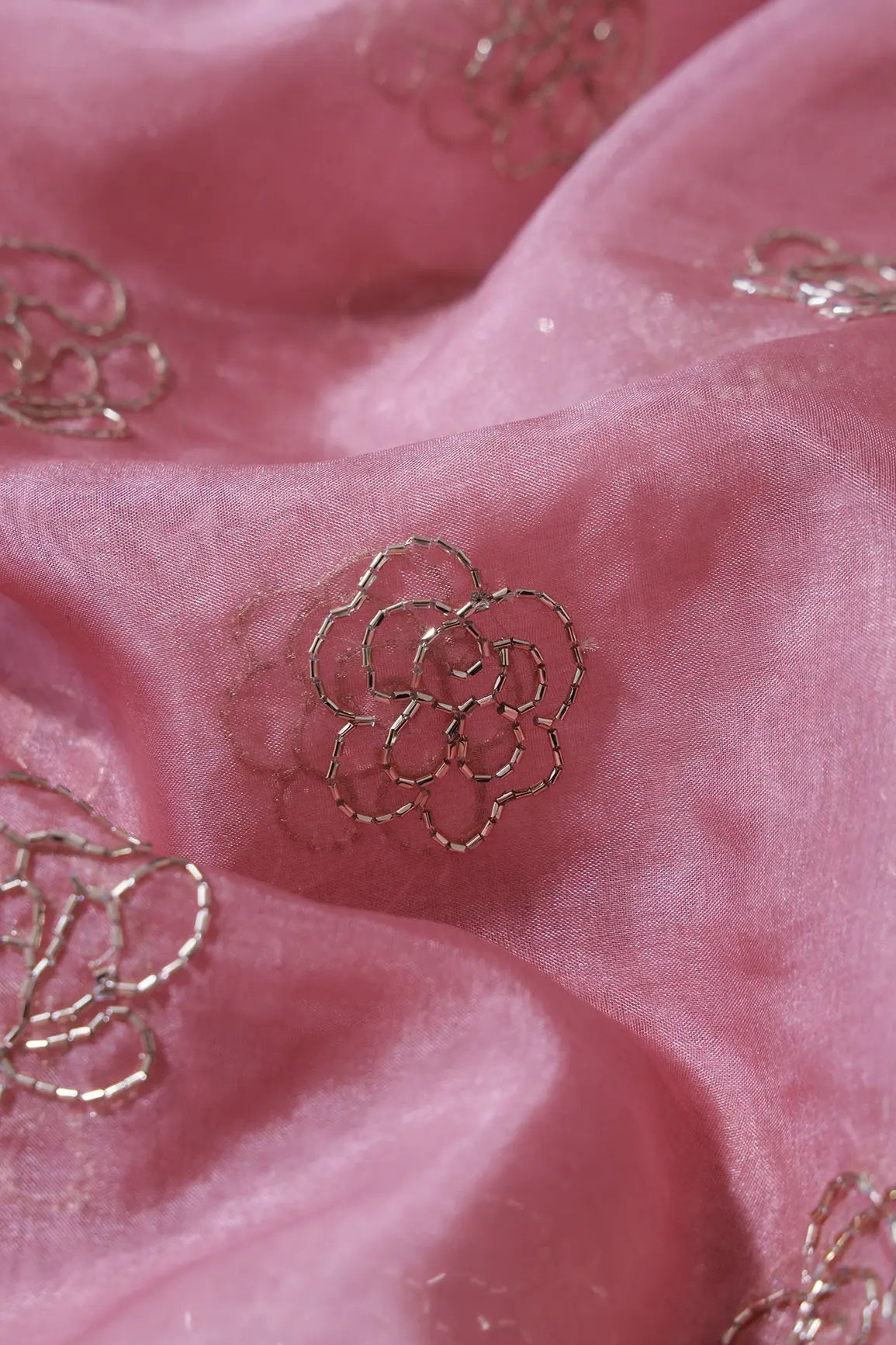 Cut Dana Beads Beautiful Floral Embroidery On Gajri Pink Organza Fabric