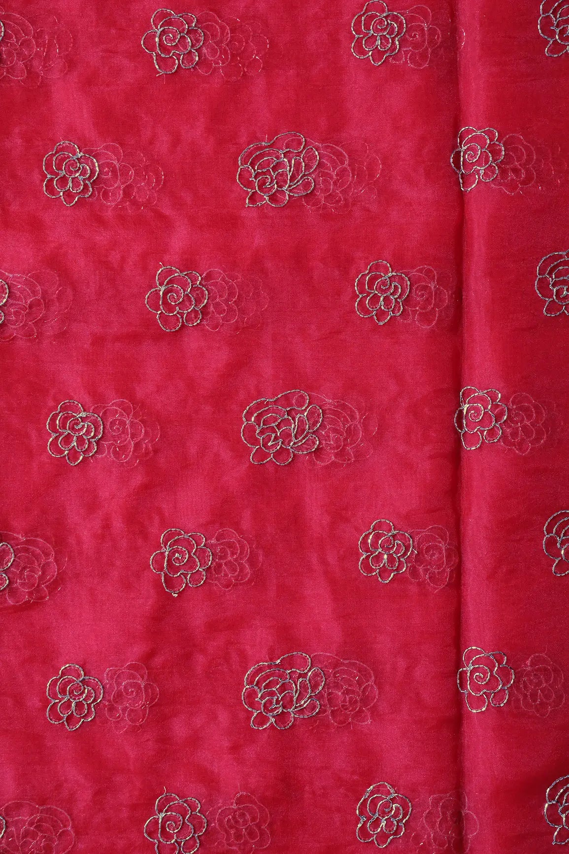 Cut Dana Beads Beautiful Floral Embroidery On Red Organza Fabric