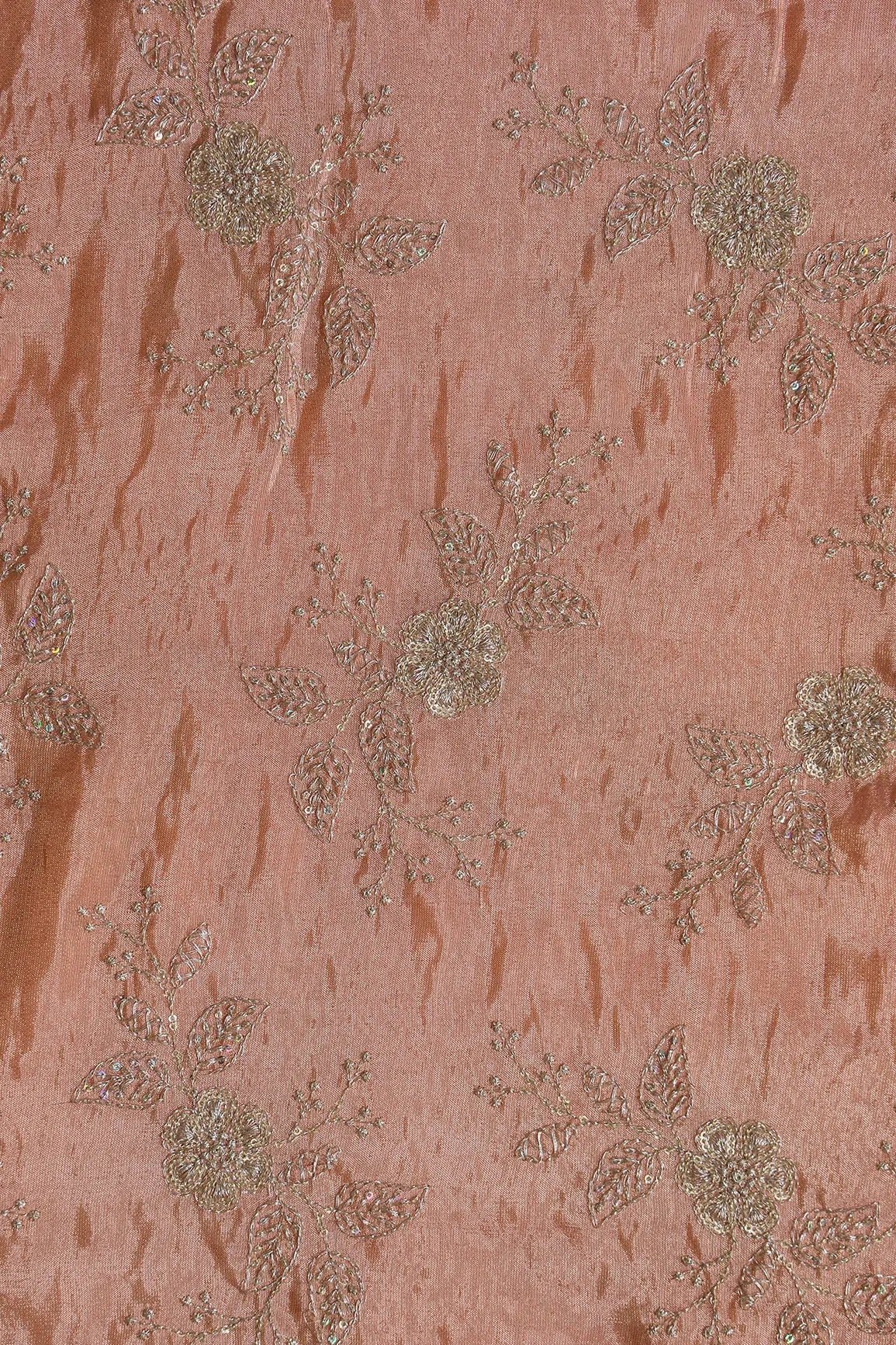 Gold Sequins And Zari Floral Embroidery Work On Peach Pure Viscose Zari Tissue Fabric