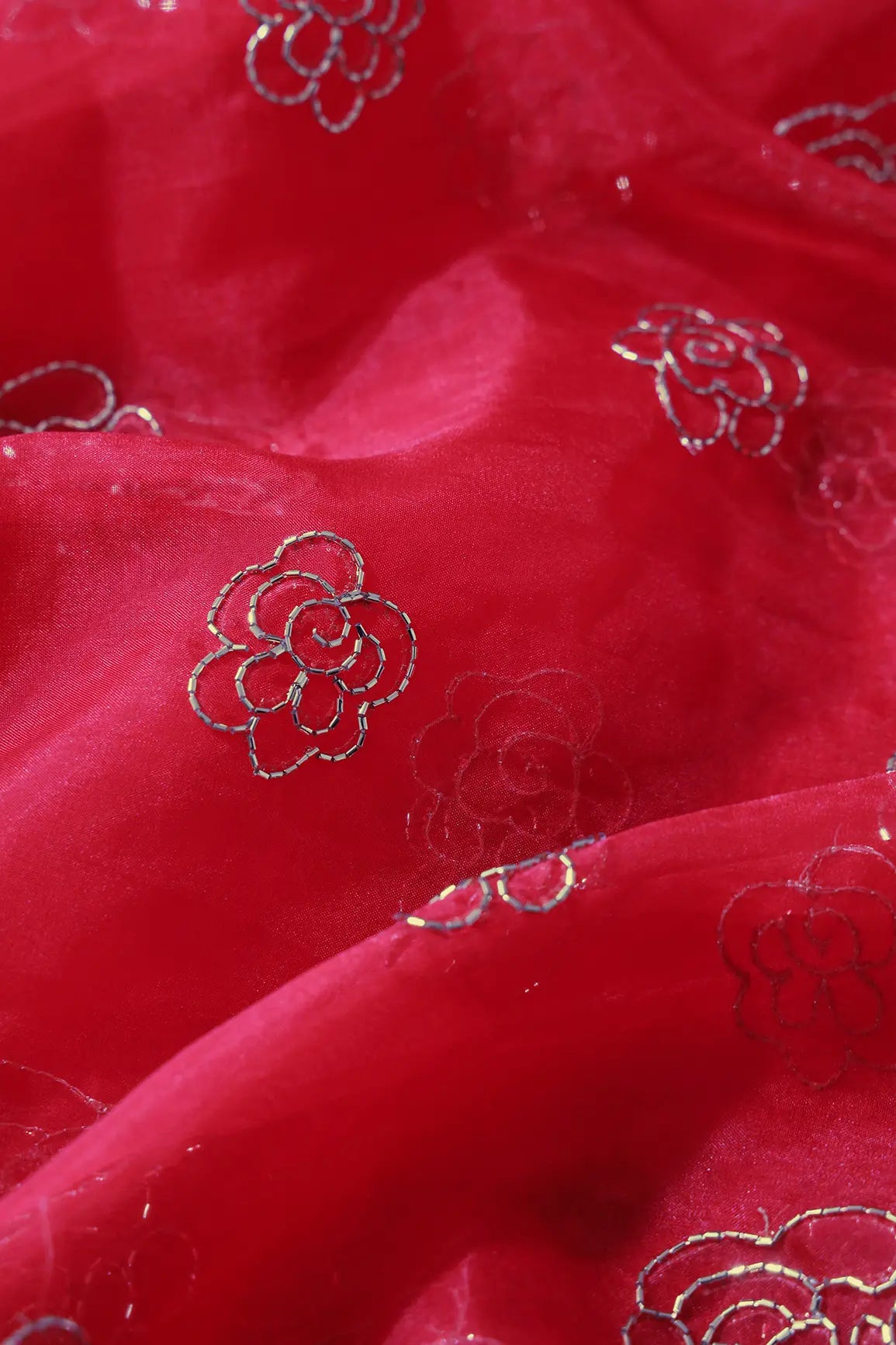 Cut Dana Beads Beautiful Floral Embroidery On Red Organza Fabric