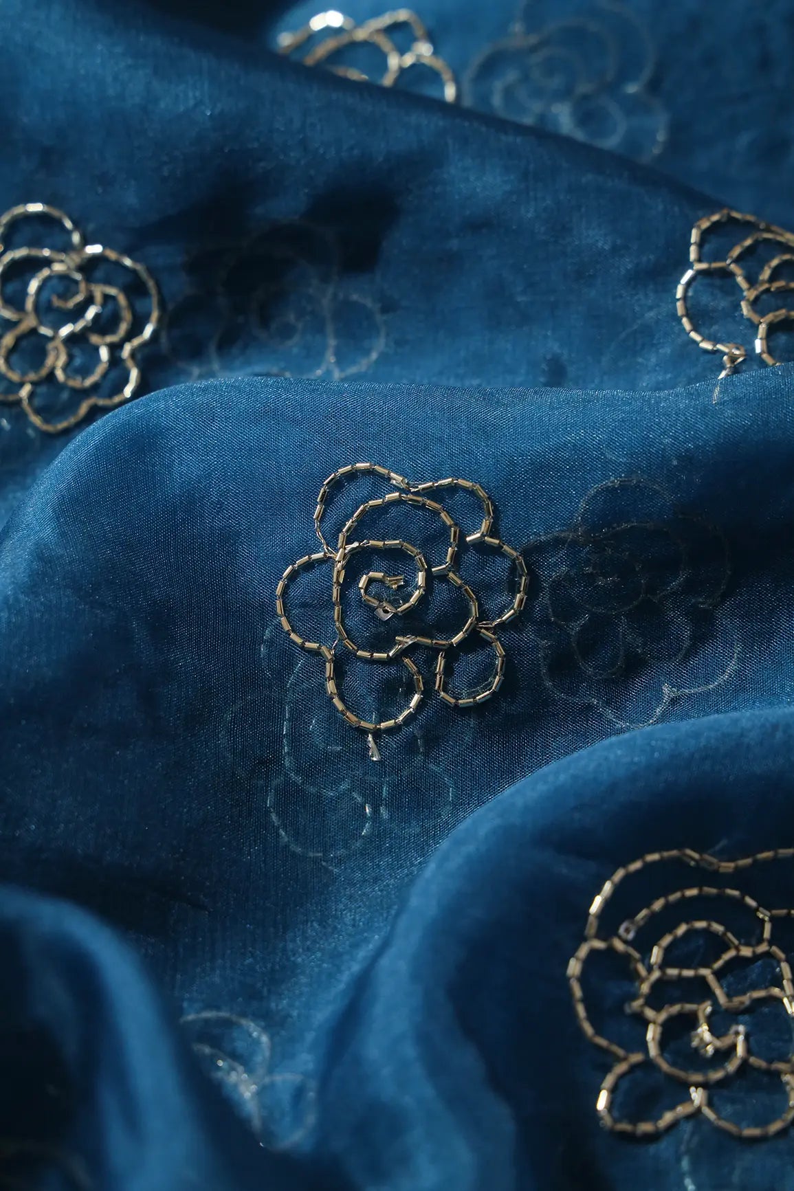 Cut Dana Beads Beautiful Floral Embroidery On Rama Organza Fabric