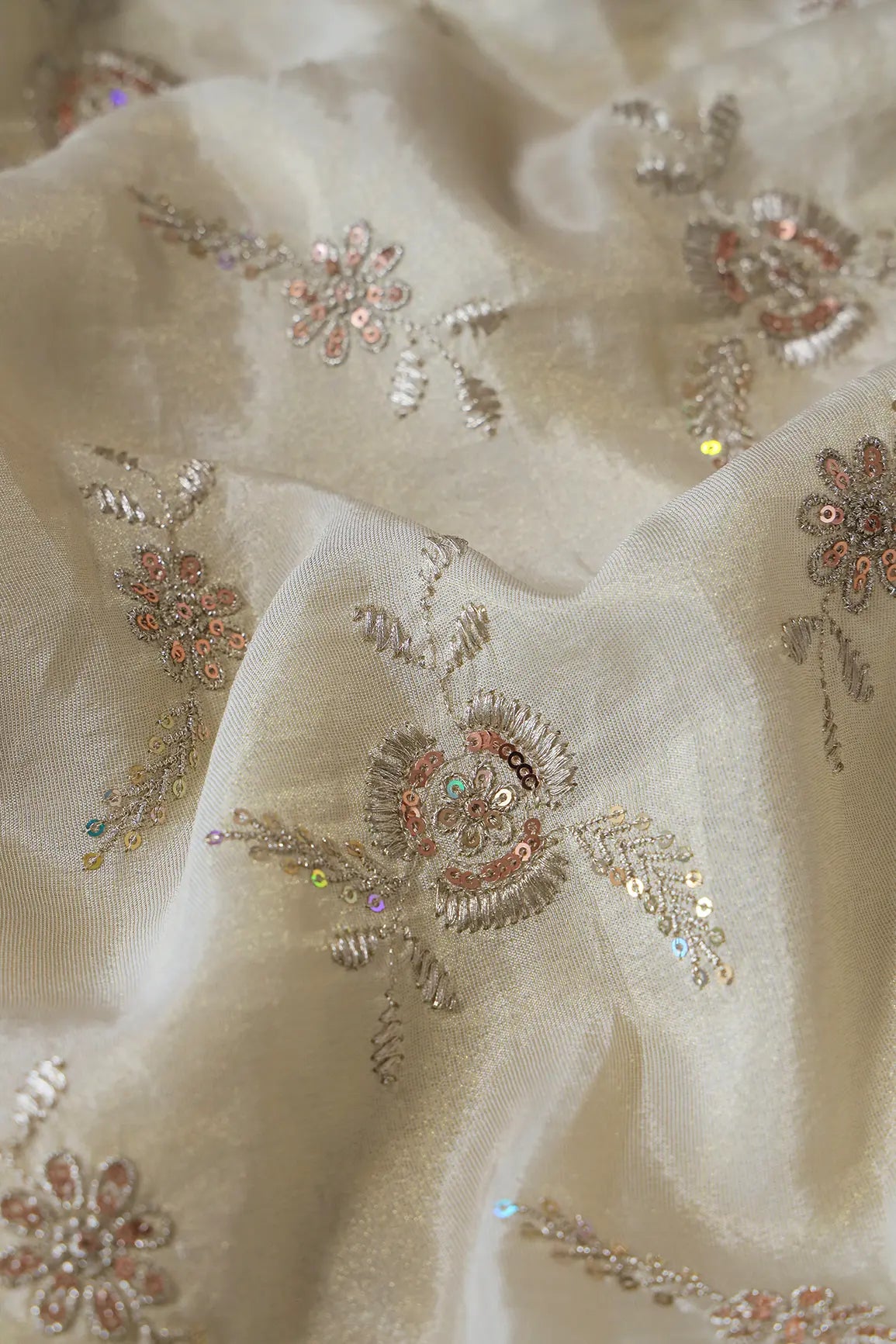 Gold Sequins And Zari Floral Embroidery Work On Pure Dyeable Viscose Zari Tissue Fabric