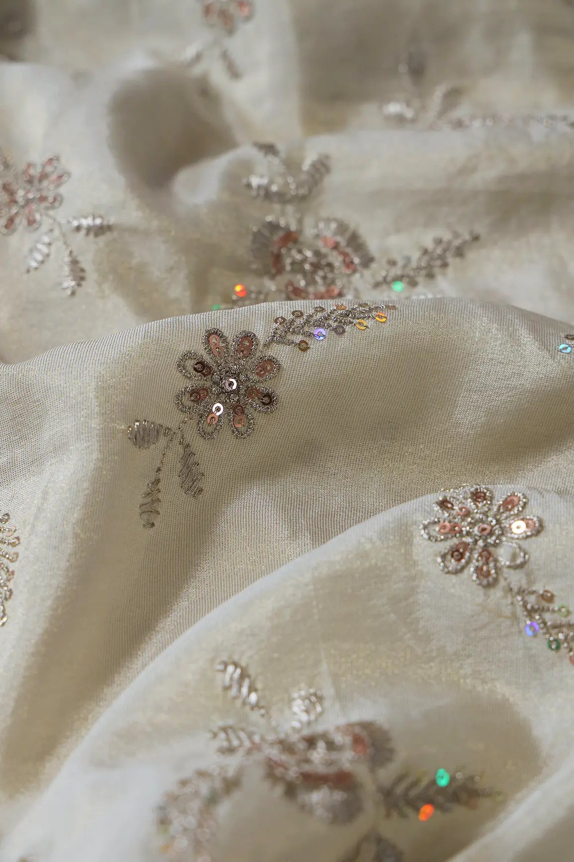 Gold Sequins And Zari Floral Embroidery Work On Pure Dyeable Viscose Zari Tissue Fabric