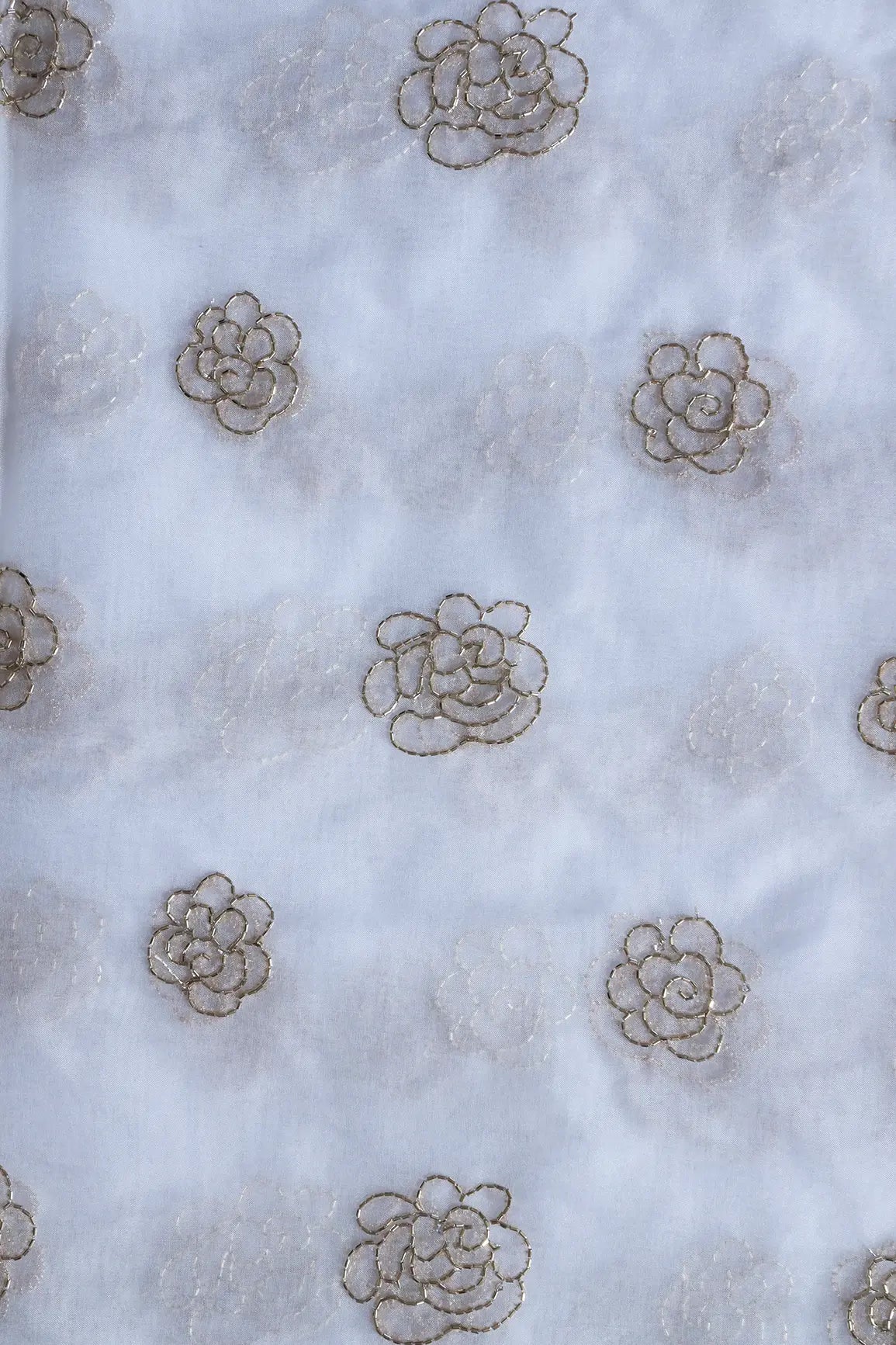 Cut Dana Beads Beautiful Floral Embroidery On White Dyeable Organza Fabric