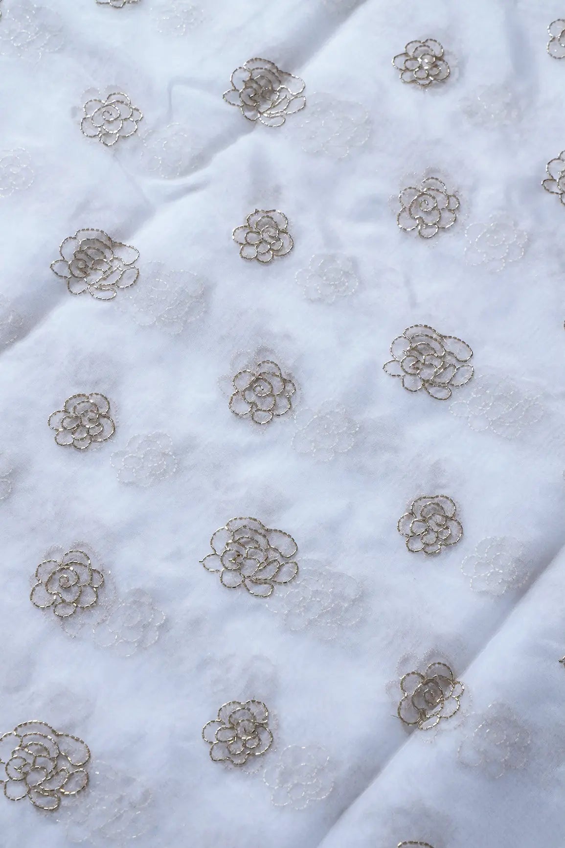 Cut Dana Beads Beautiful Floral Embroidery On White Dyeable Organza Fabric