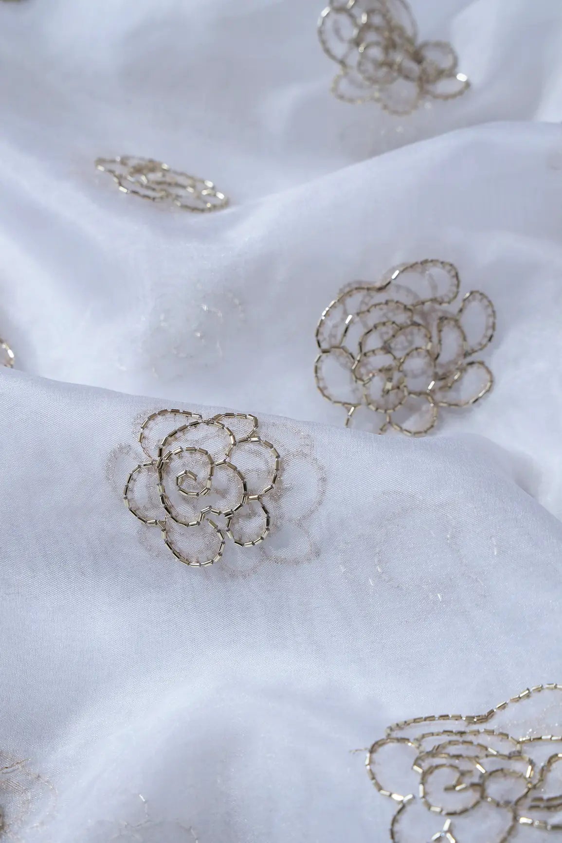 Cut Dana Beads Beautiful Floral Embroidery On White Dyeable Organza Fabric