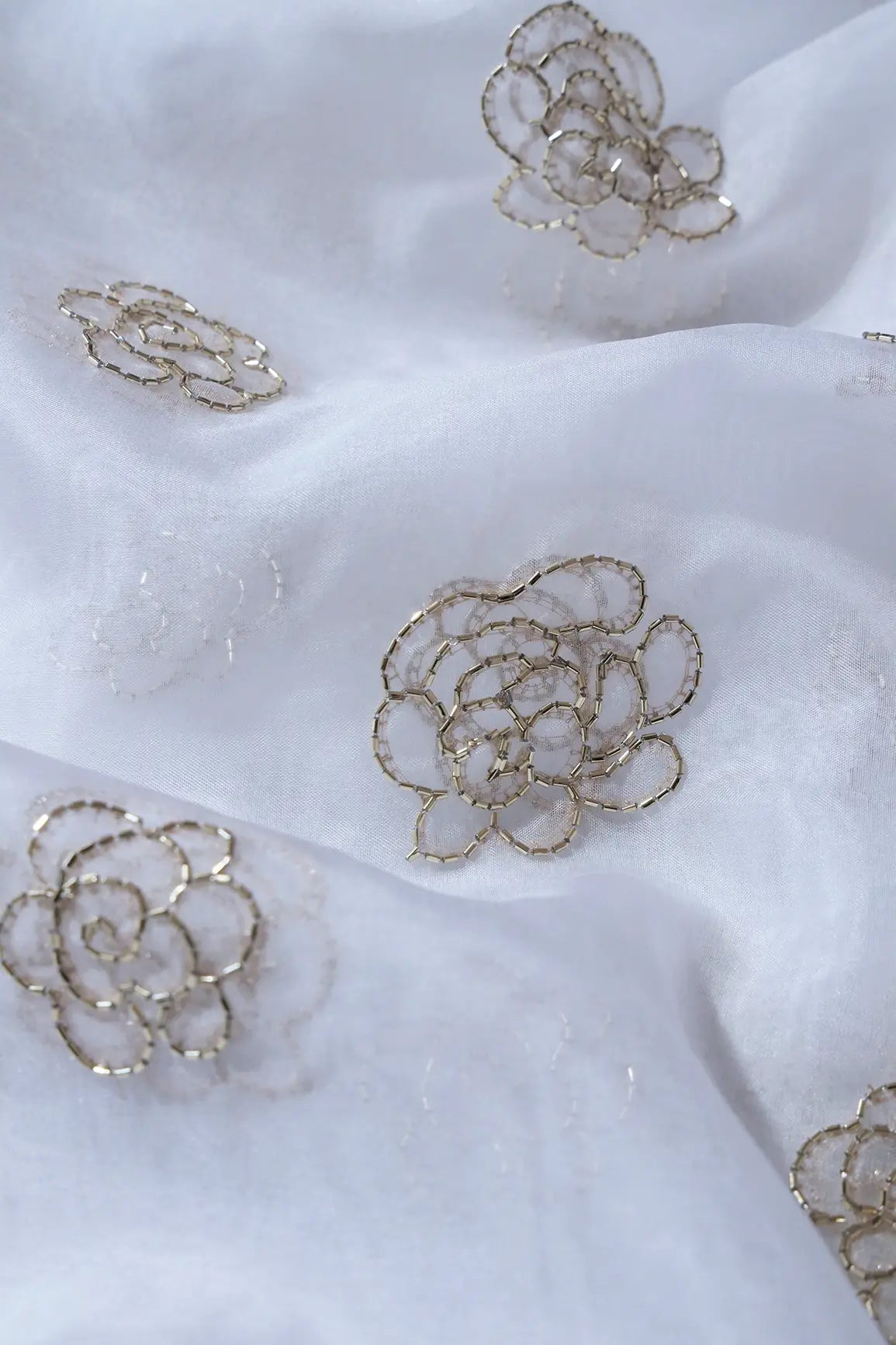 Cut Dana Beads Beautiful Floral Embroidery On White Dyeable Organza Fabric