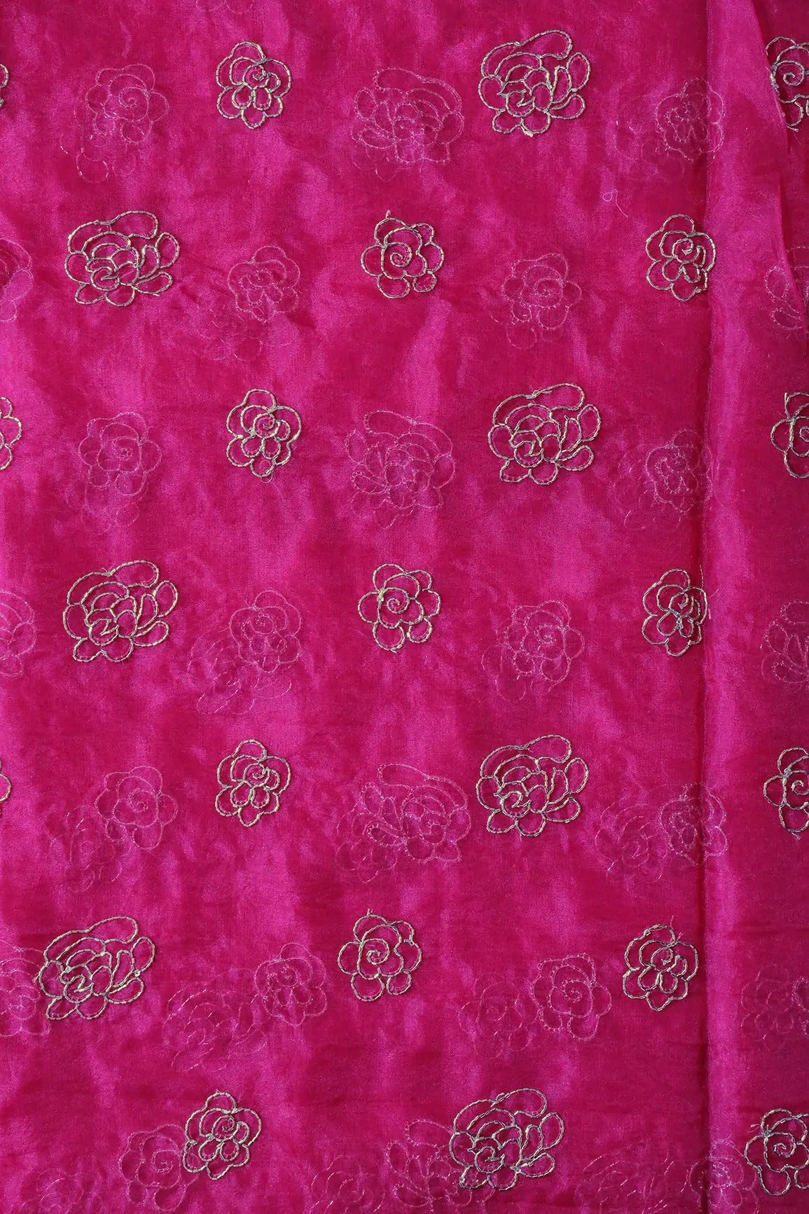 Cut Dana Beads Beautiful Floral Embroidery On Fuchsia Organza Fabric