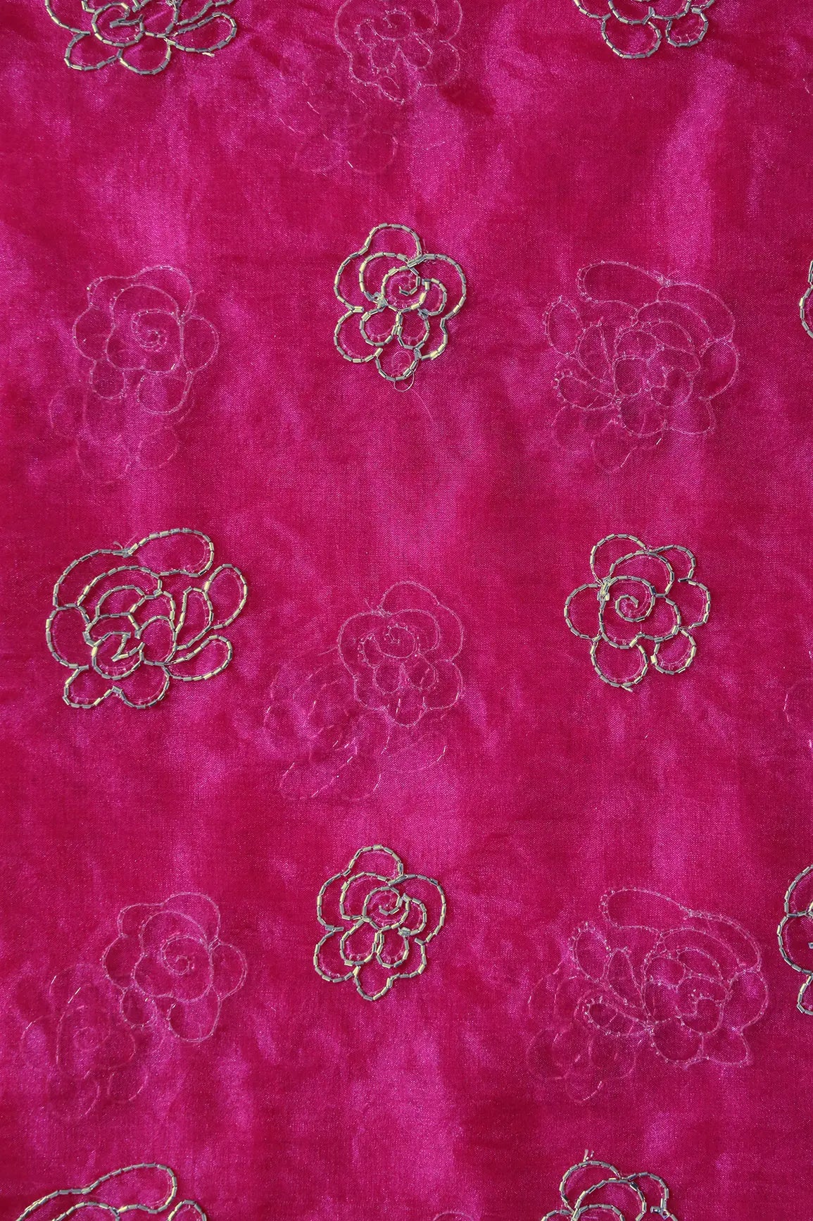 Cut Dana Beads Beautiful Floral Embroidery On Fuchsia Organza Fabric