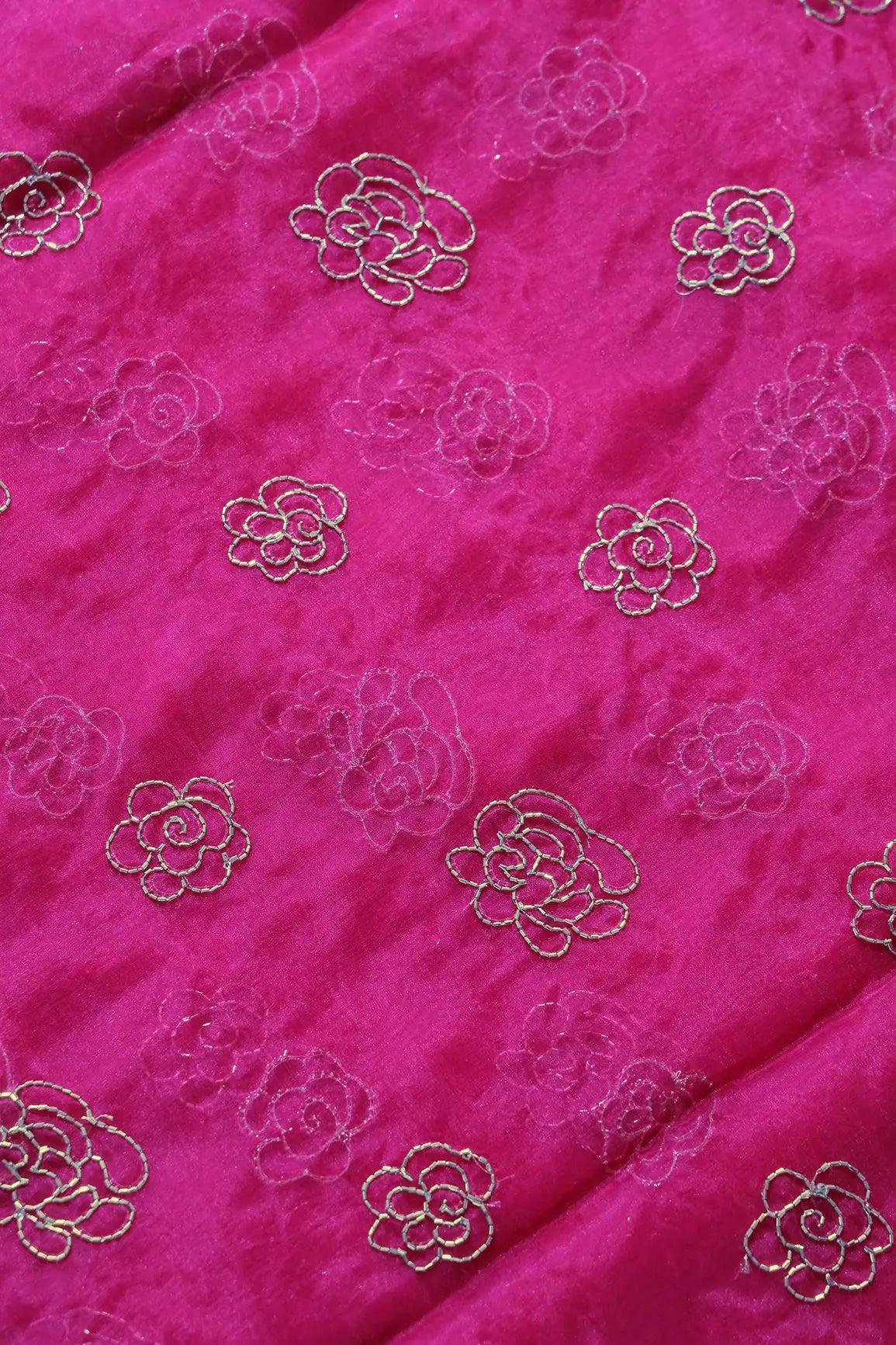 Cut Dana Beads Beautiful Floral Embroidery On Fuchsia Organza Fabric