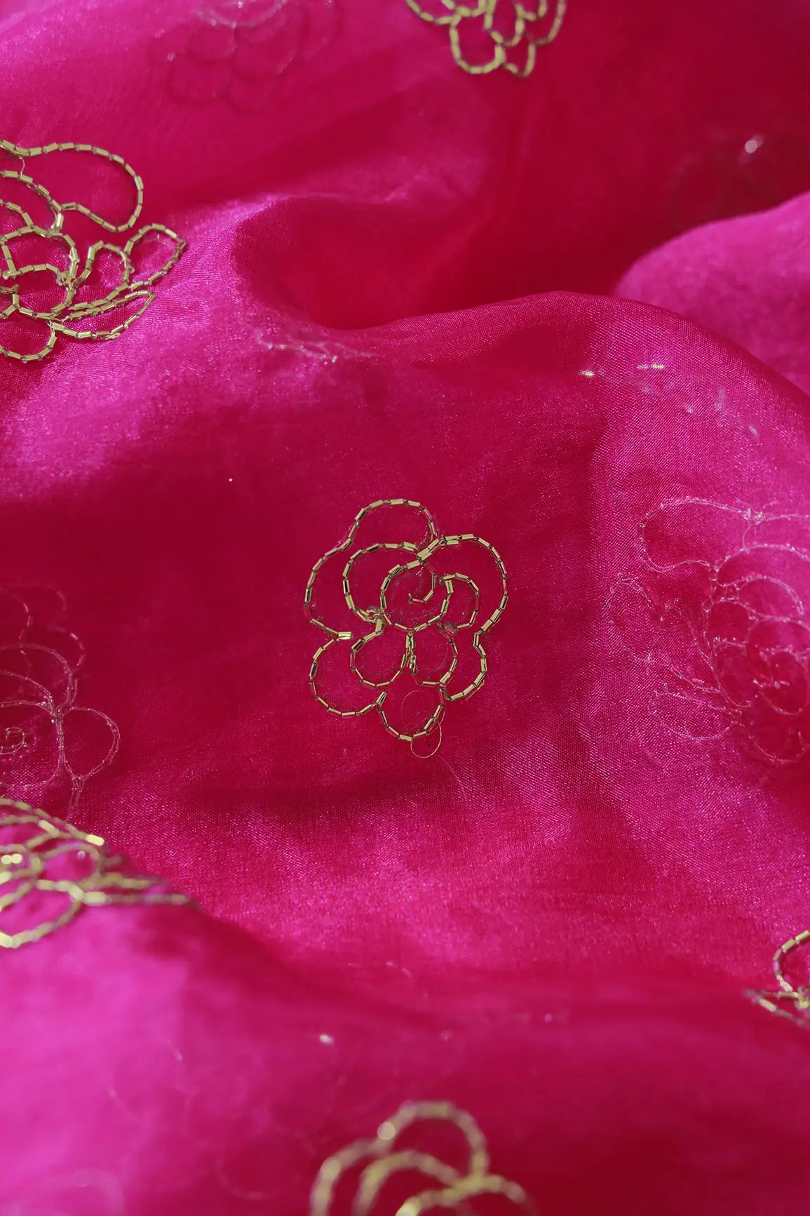 Cut Dana Beads Beautiful Floral Embroidery On Fuchsia Organza Fabric