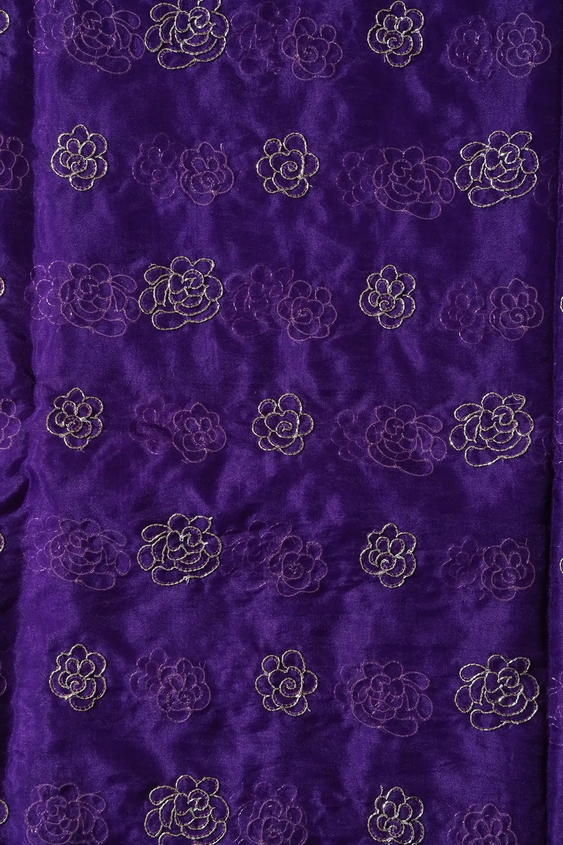 Cut Dana Beads Beautiful Floral Embroidery On Purple Organza Fabric