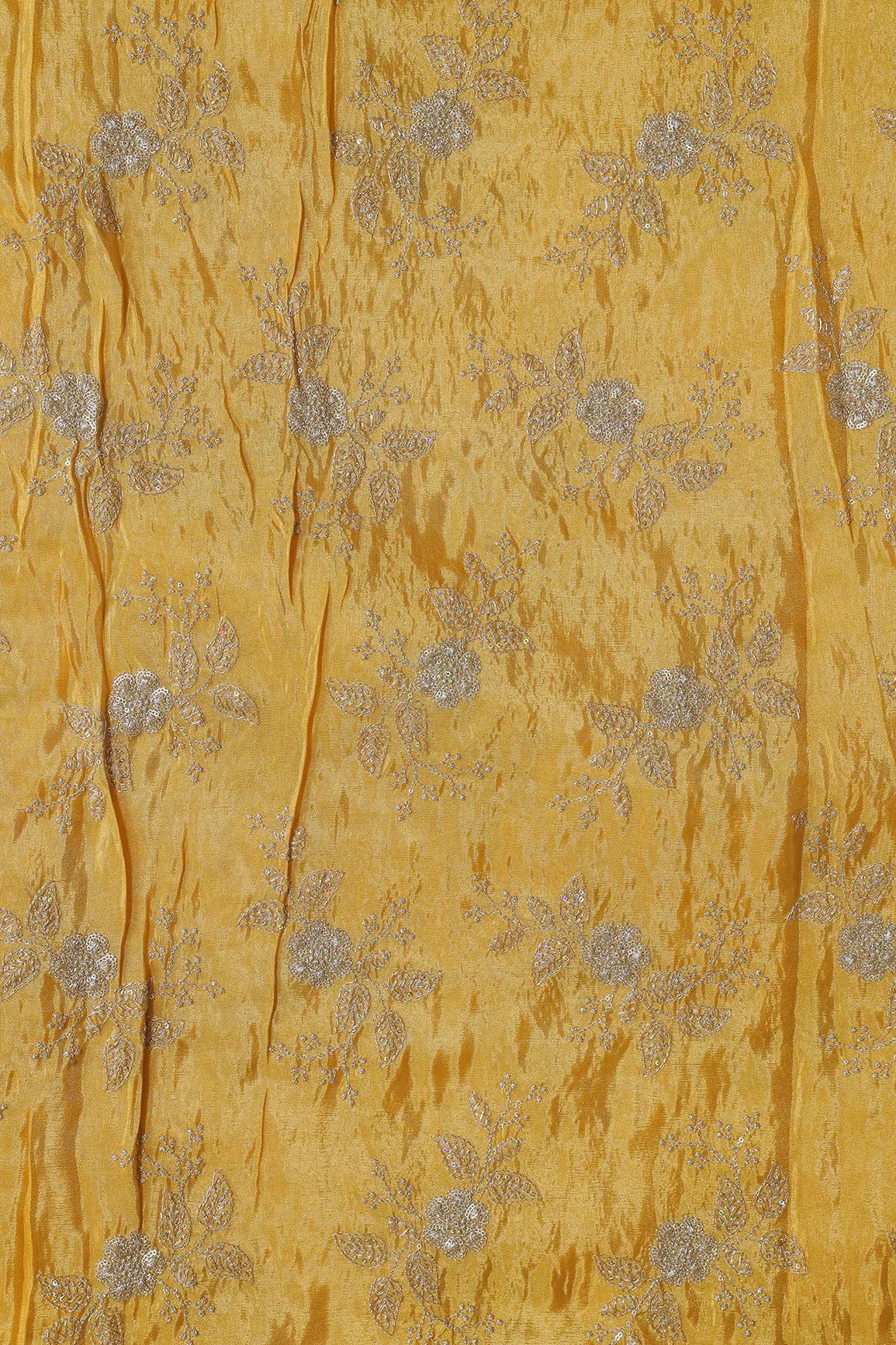 Gold Sequins And Zari Floral Embroidery Work On Yellow Pure Viscose Zari Tissue Fabric