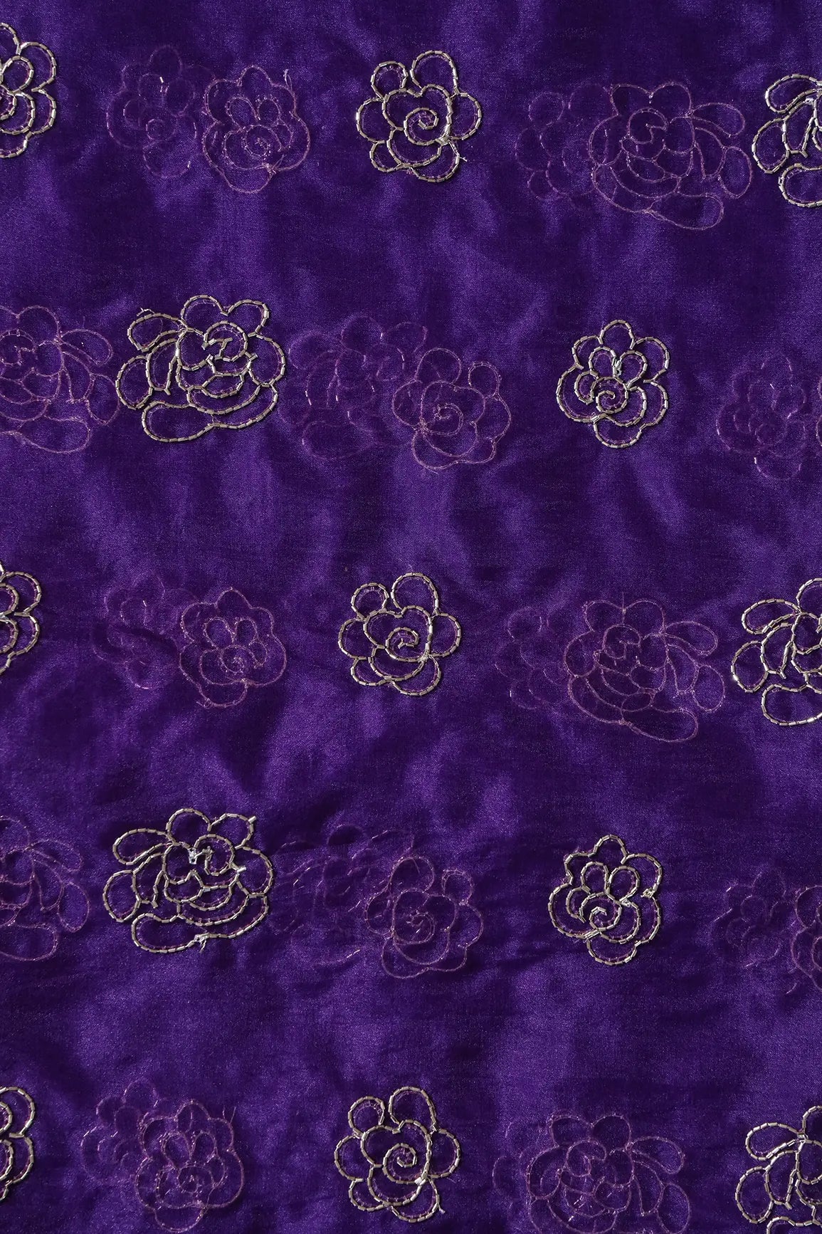 Cut Dana Beads Beautiful Floral Embroidery On Purple Organza Fabric