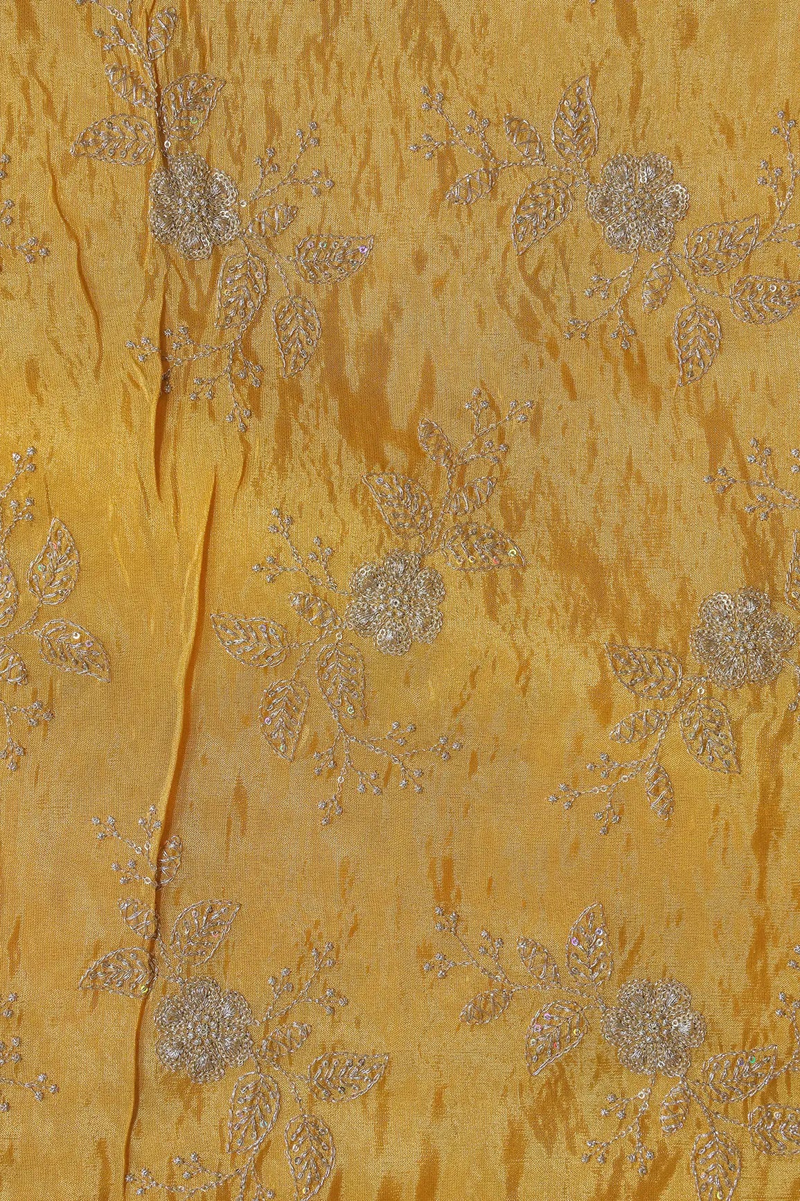 Gold Sequins And Zari Floral Embroidery Work On Yellow Pure Viscose Zari Tissue Fabric