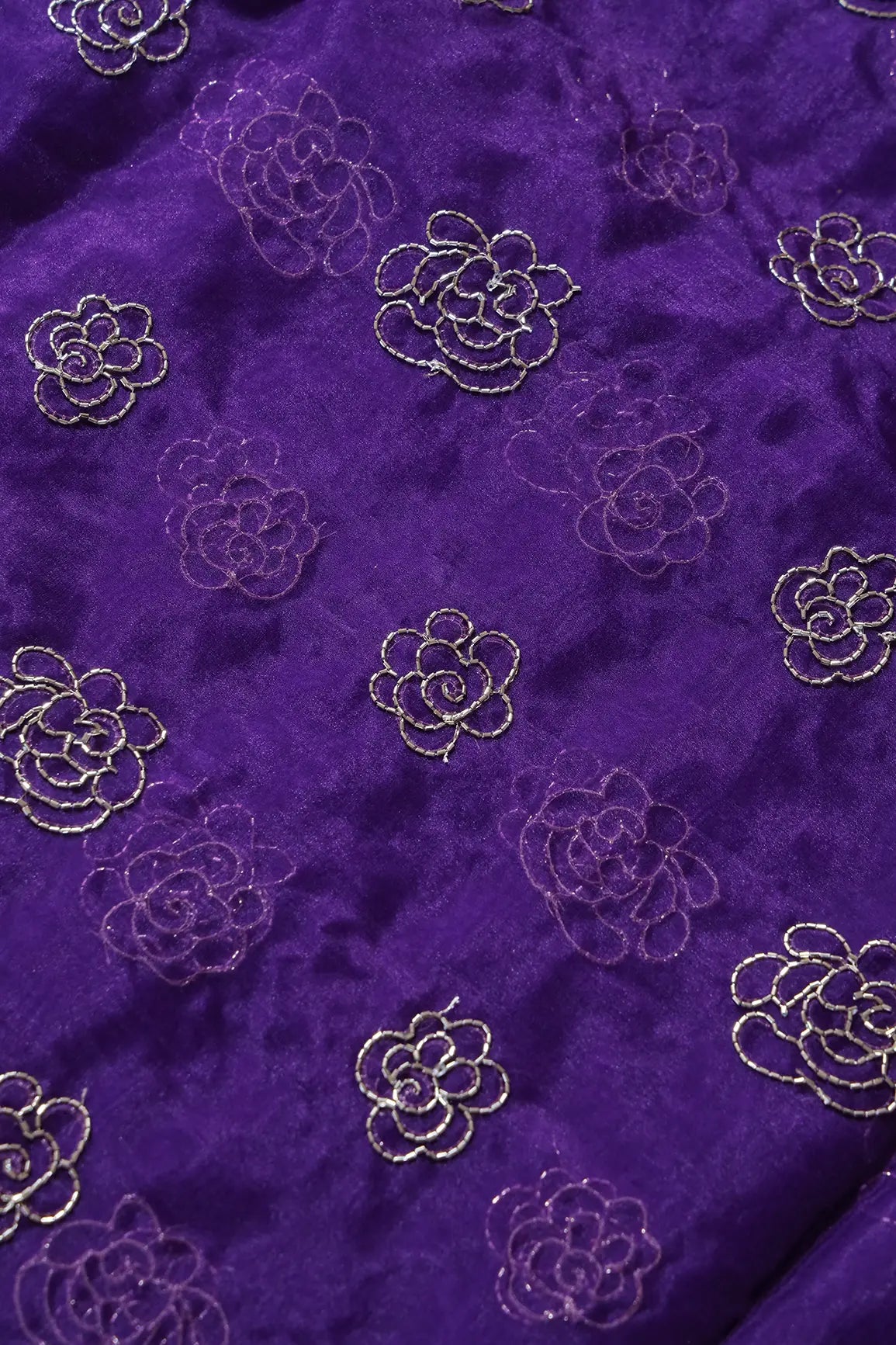 Cut Dana Beads Beautiful Floral Embroidery On Purple Organza Fabric