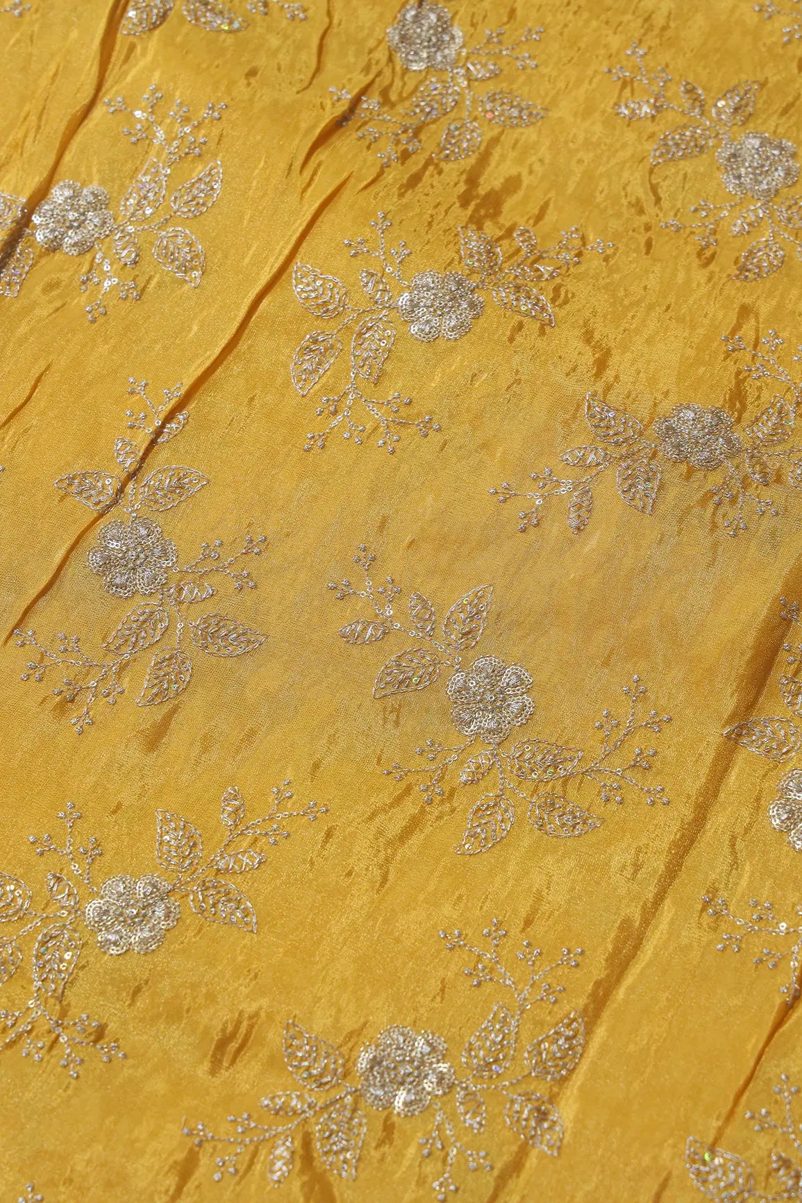 Gold Sequins And Zari Floral Embroidery Work On Yellow Pure Viscose Zari Tissue Fabric