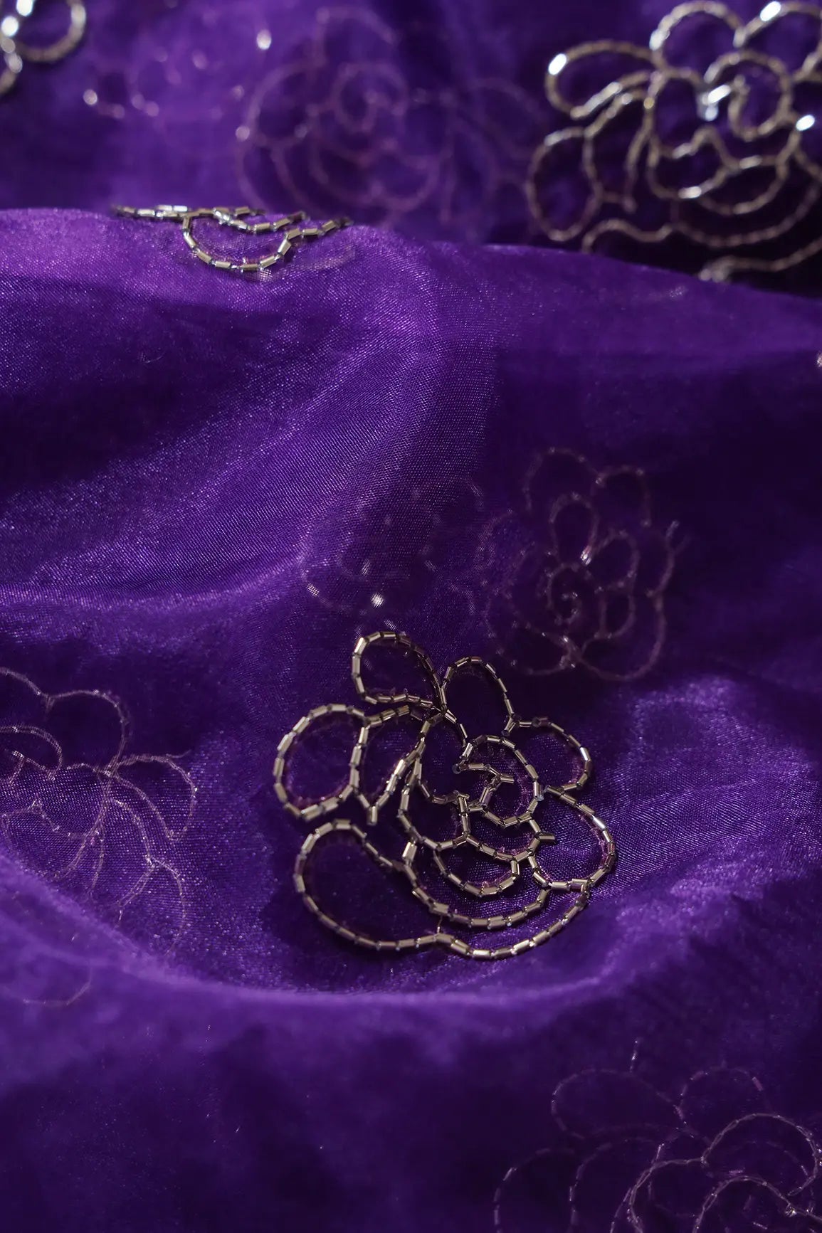 Cut Dana Beads Beautiful Floral Embroidery On Purple Organza Fabric